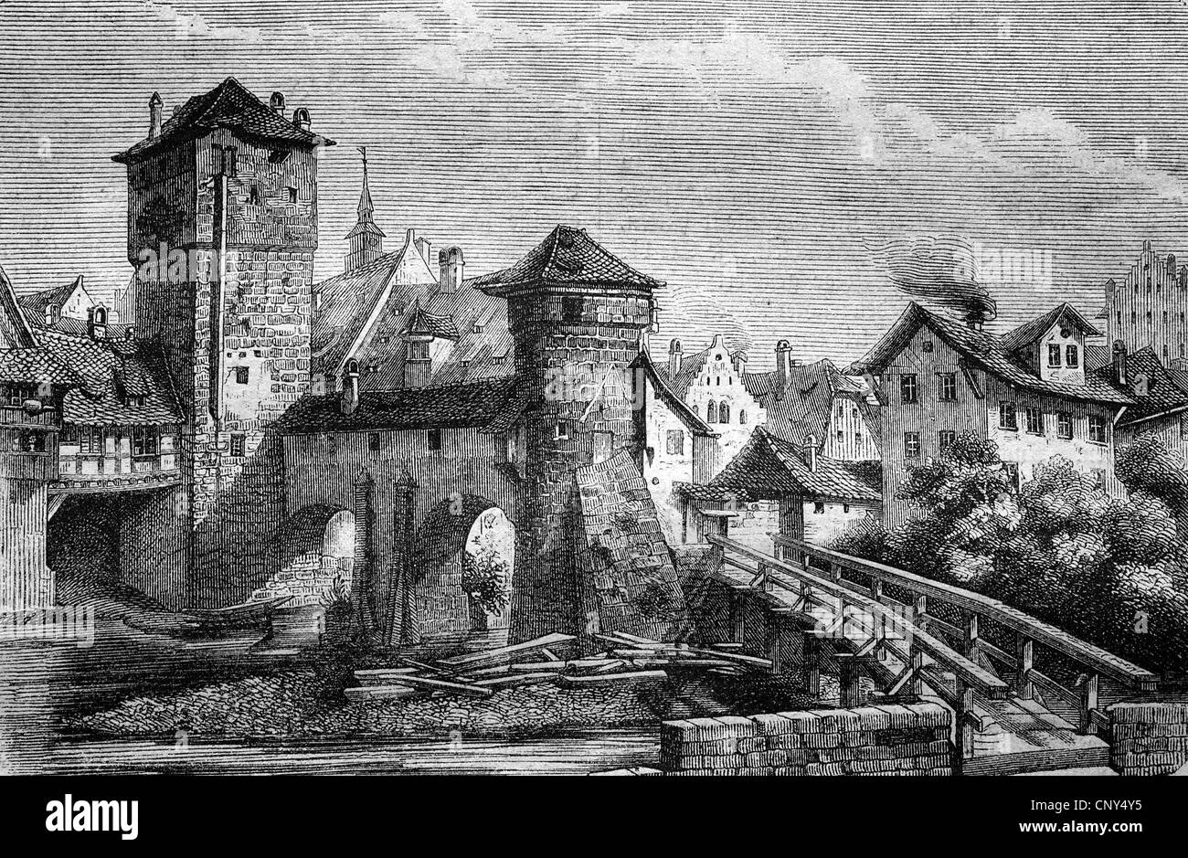 Hangman's Bridge and Iron Tower in Nuremberg, Germany, historical wood engraving, circa 1888 Stock Photo
