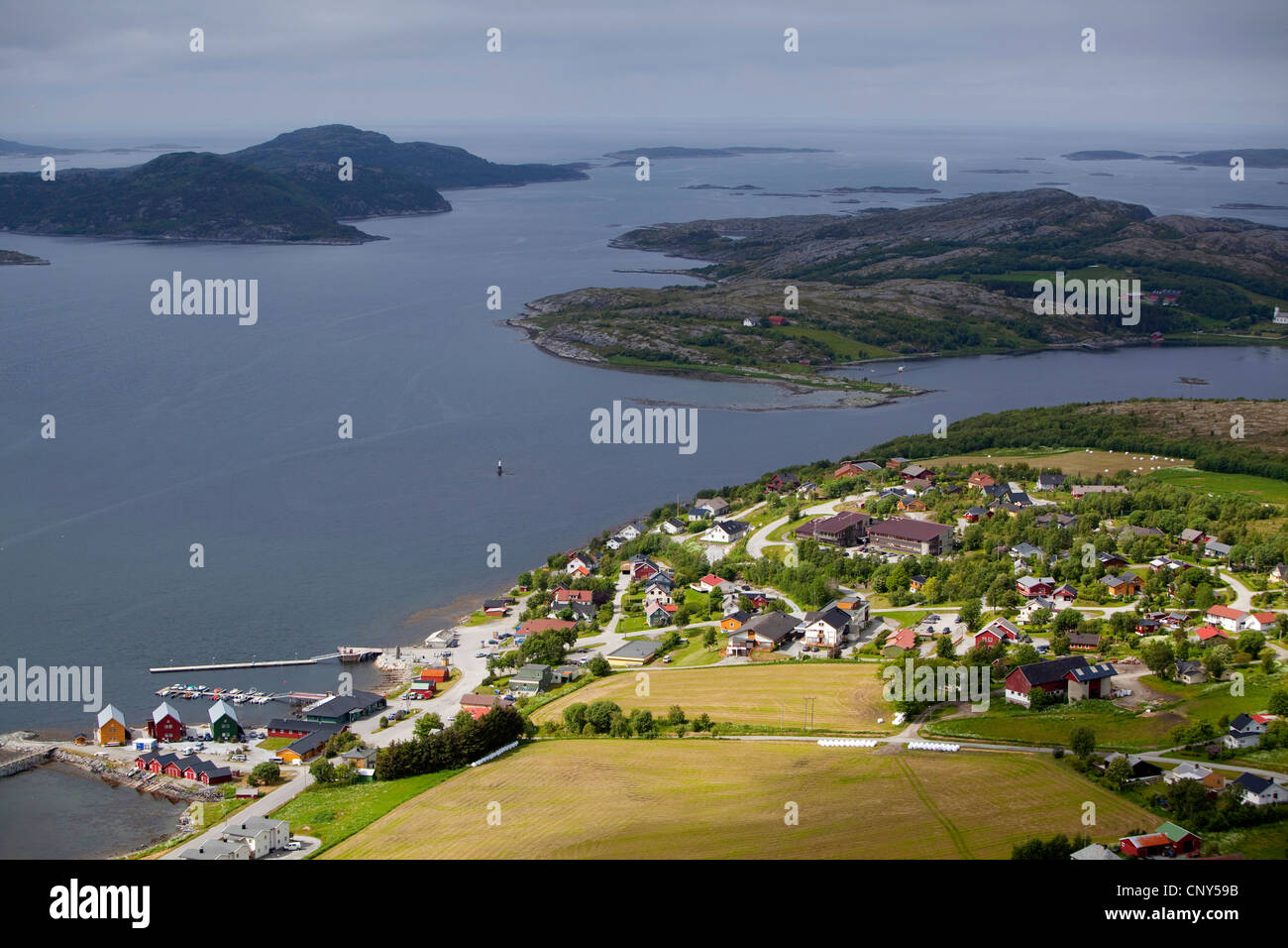 Aerial view over village of Lausvnes (location for sea eagle safaris, Norway, Flatanger Stock Photo