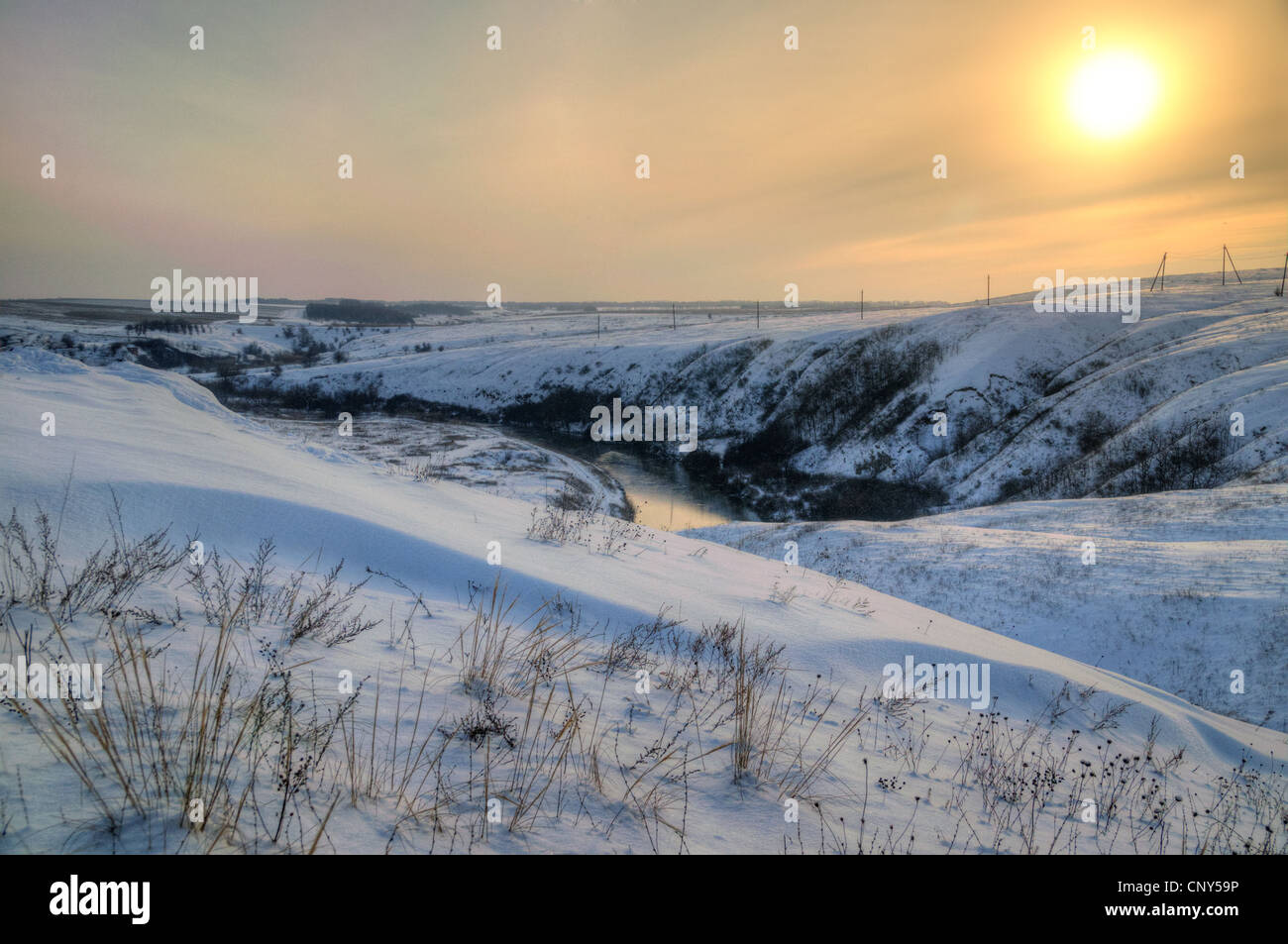 A winter landscape showing a foggy river on a cold day Stock Photo - Alamy