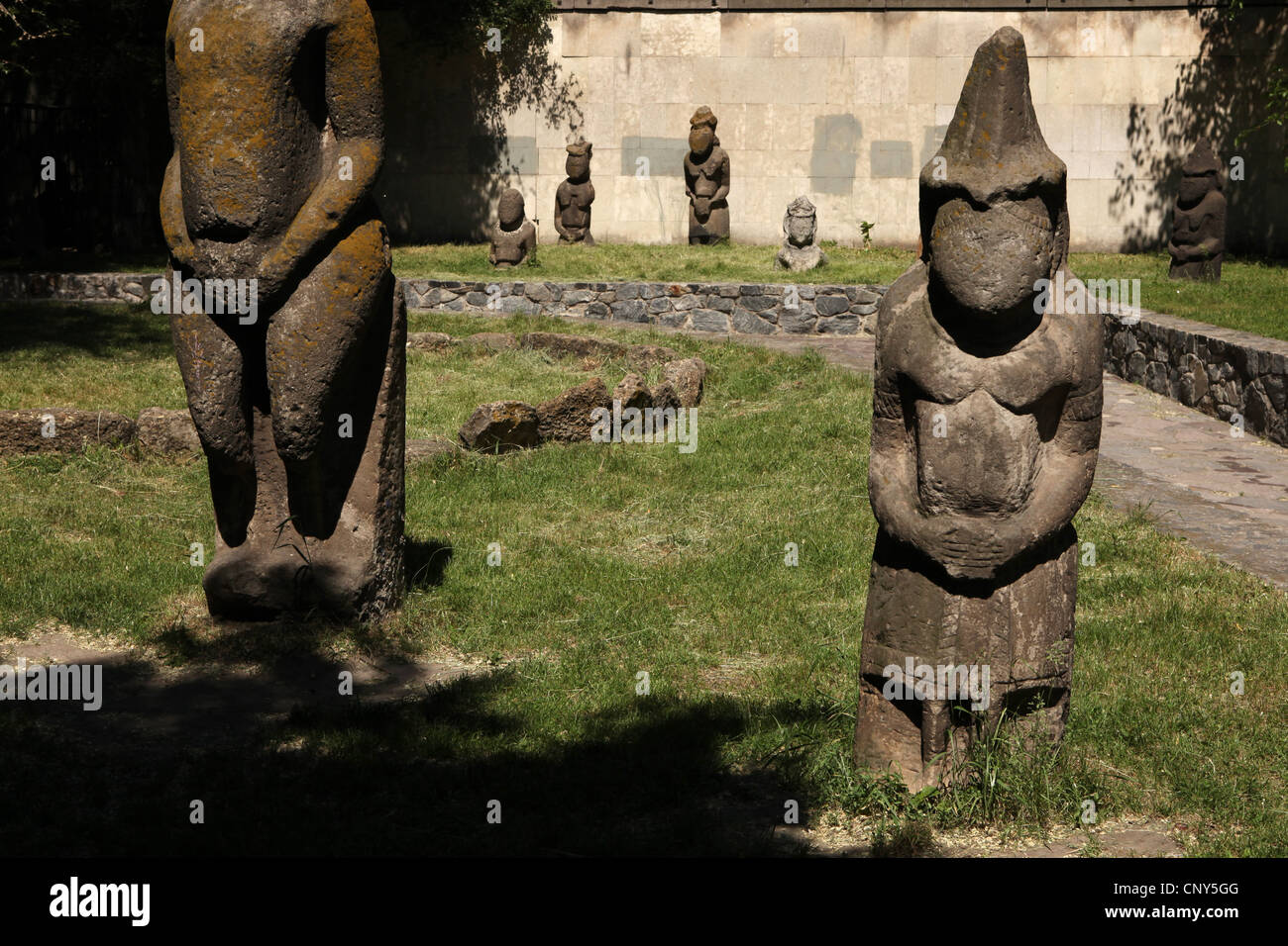 Kipchak stone statues known as the Stony Women exhibited in front of the Historical Museum in Dnipro (Dnipropetrovsk), Ukraine. Stock Photo