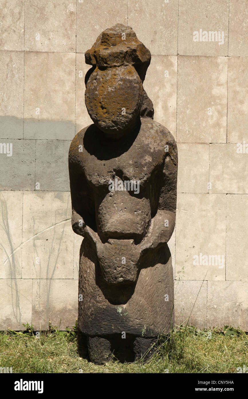 Kipchak stone statue known as the Stony Woman exhibited in front of the Historical Museum in Dnipro (Dnipropetrovsk), Ukraine. Stock Photo