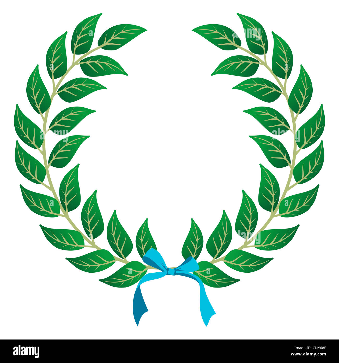 Laurel wreath with a sky blue ribbon over white background. Vector file layered for easy manipulation and customisation. Stock Photo