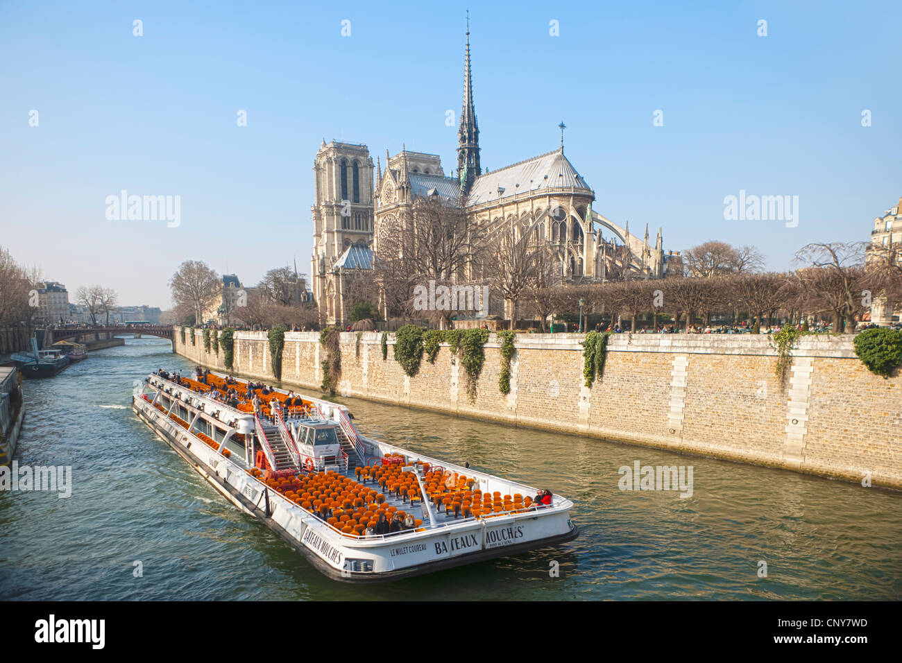 Sightseeing boat tour with Notre Dame in the background Stock Photo