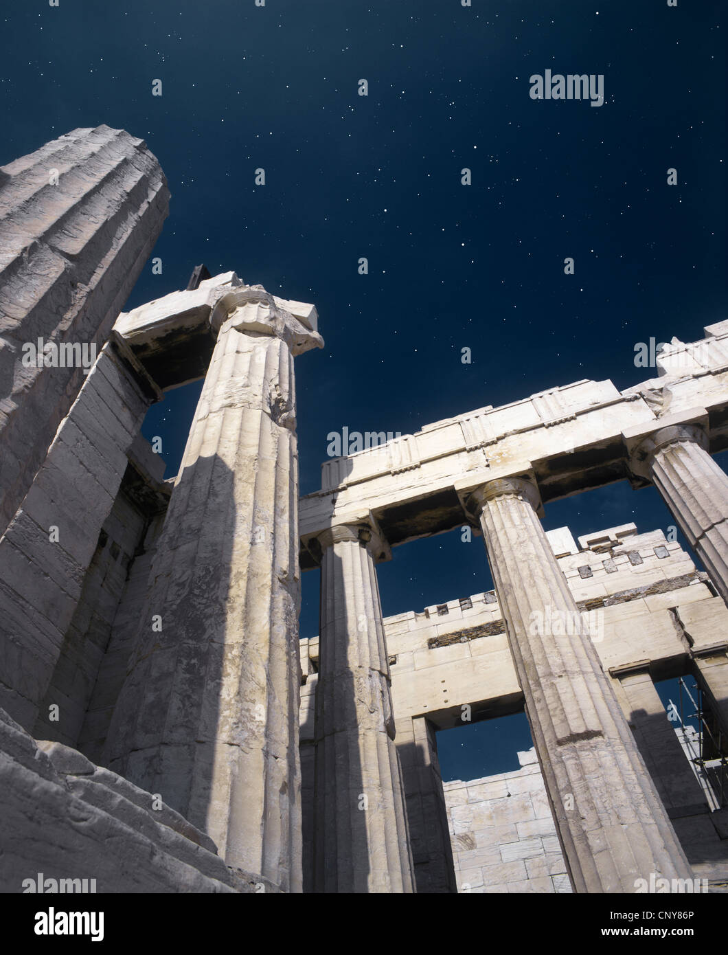 Greece, Athens, Pillars of the Temple of the Parthenon, at Acropolis at night Stock Photo