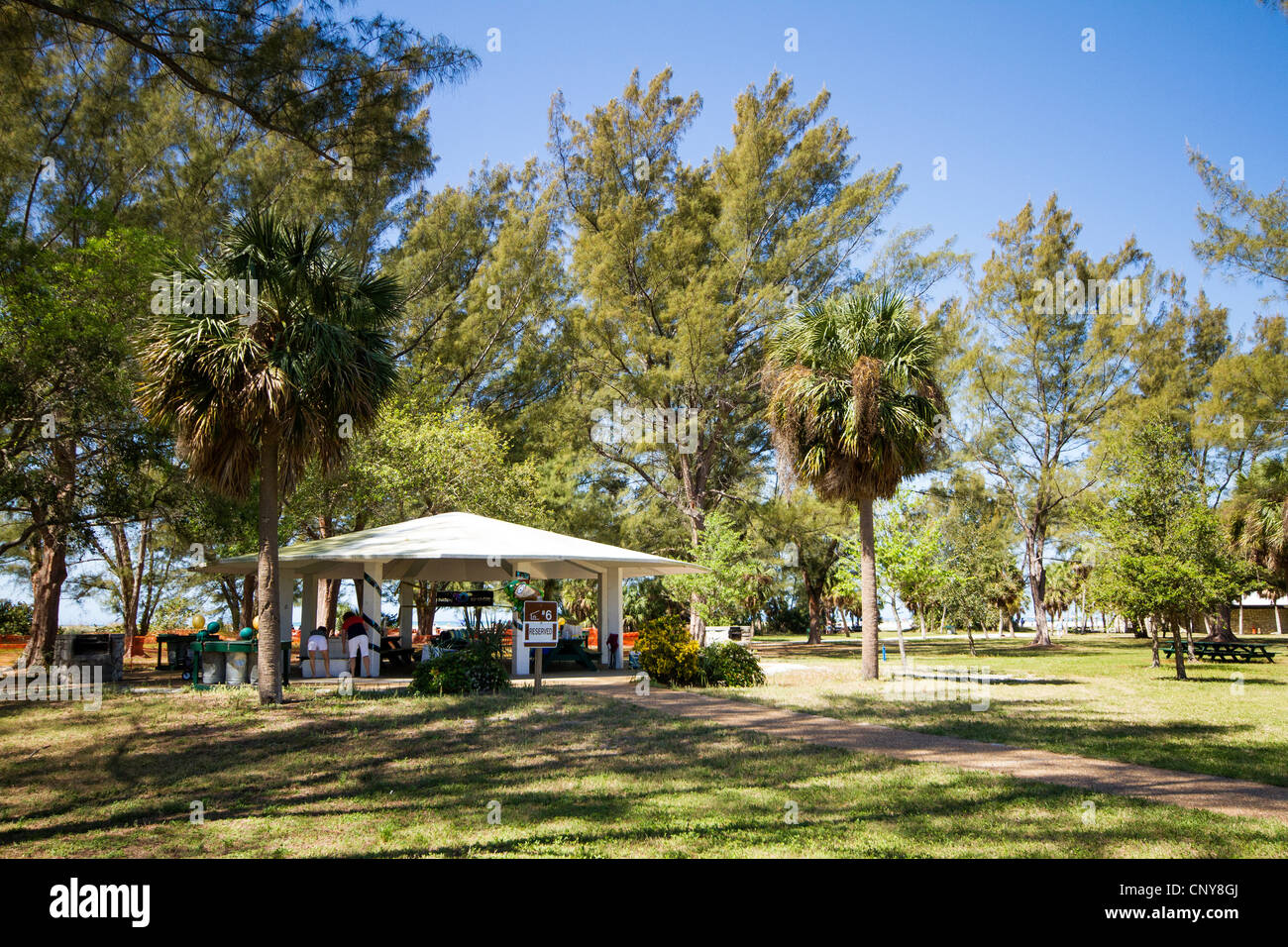 People enjoying sunny day in the picnic area at Fort De Soto Park, Florida Stock Photo