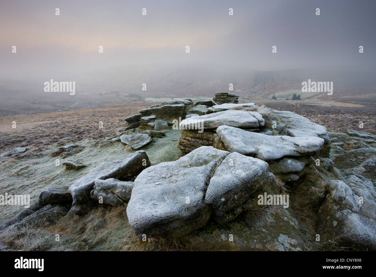 Frost covered granite outcrop on Hookney Tor, with thick fog descended over the moorland landscape, Dartmoor Stock Photo