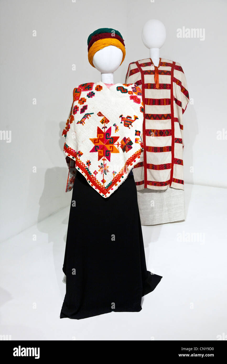Puebla style woman's costume three piece Huipil woven cotton & wool with brocade at center displayed in Museo de Arte Popular Stock Photo