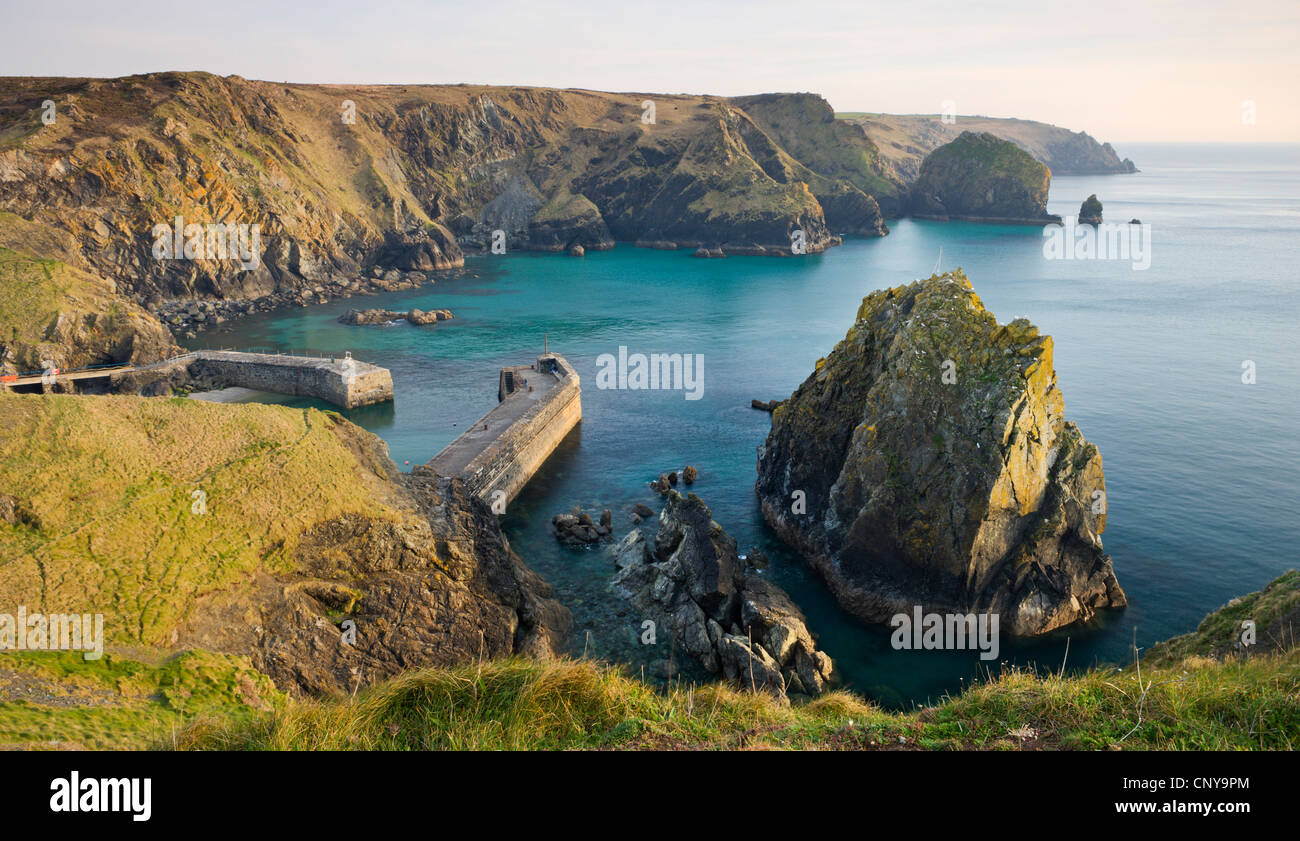 Mullion Cove and harbour from the clifftops, Cornwall, England. Spring (April) 2010. Stock Photo