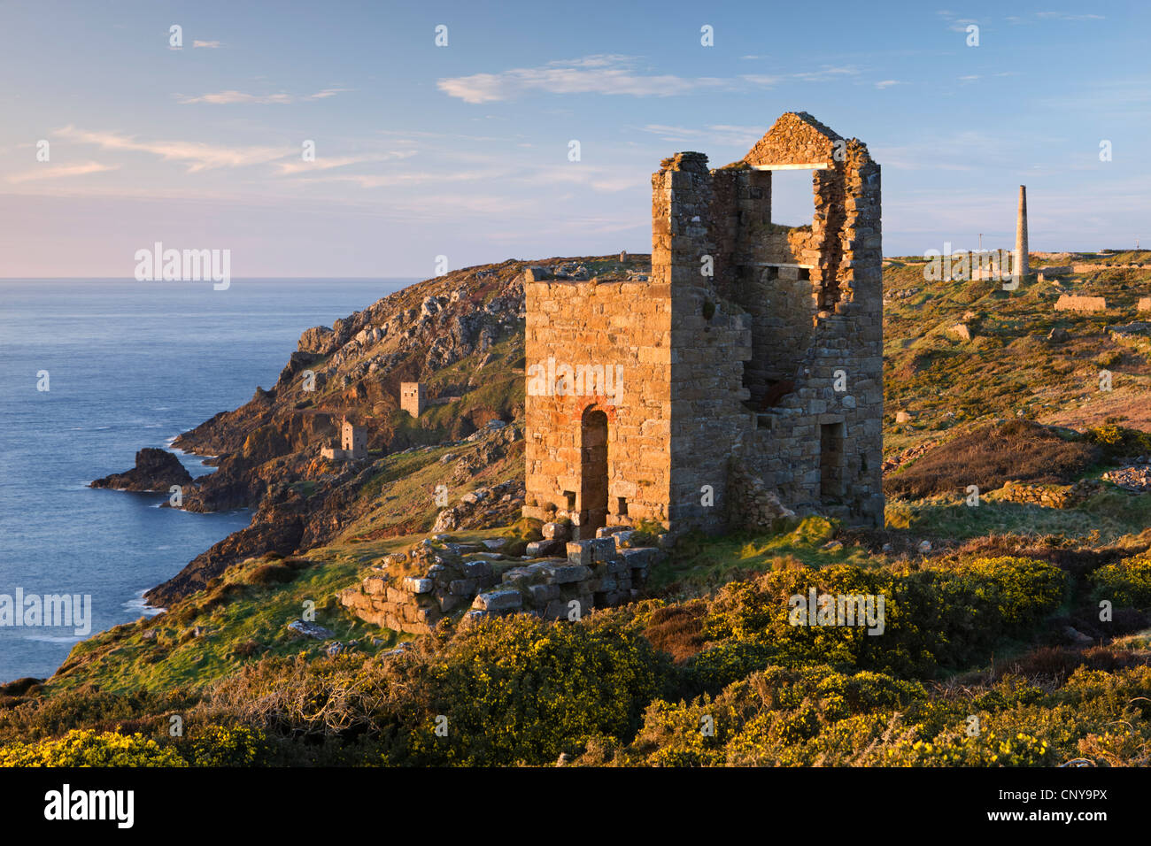 Abandoned tin mines on the Cornish cliffs near Botallack, Cornwall, England. Spring (April) 2010. Stock Photo