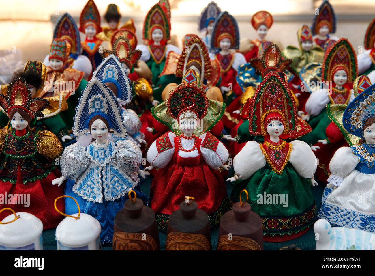 Russia, Suzdal souvenir dolls in traditional dress on street market ...