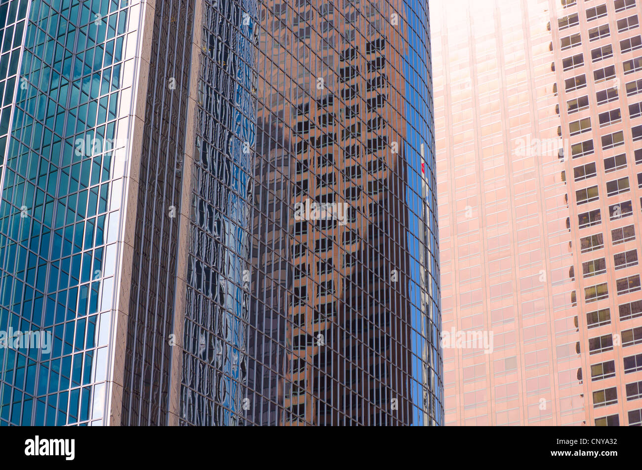 exterior facades of glass covered skyscrapers and reflections in downtown los angeles california Stock Photo