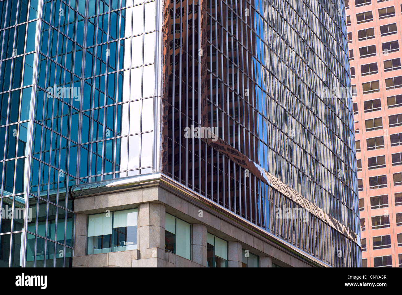 skyscrapers and reflections on glass exterior in downtown los angeles california Stock Photo