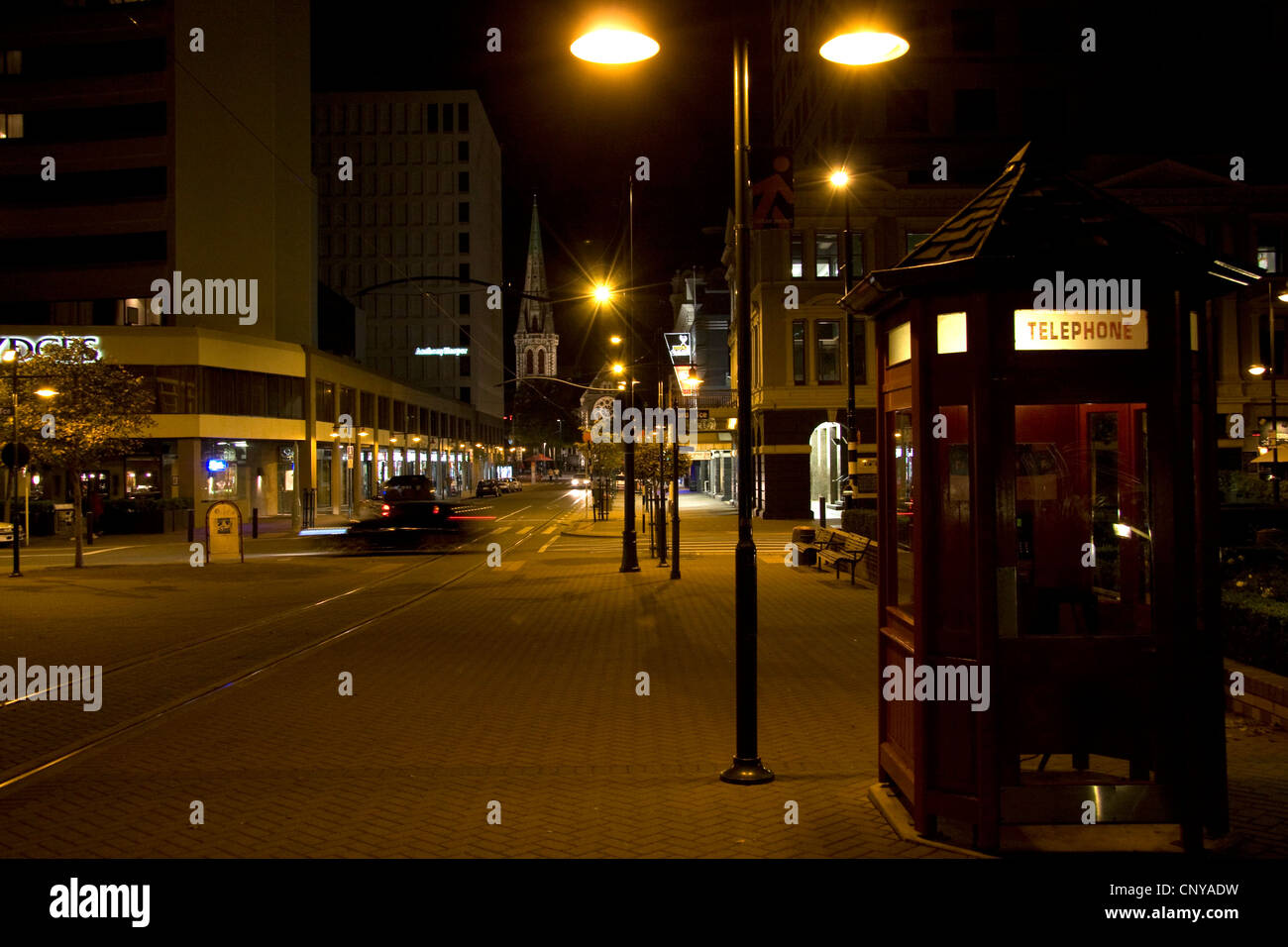 Night view of Worcester street with Christchurch Cathedral in the