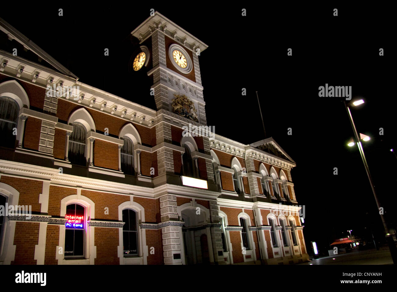 Night view of the old post office building, Christchurch Stock Photo