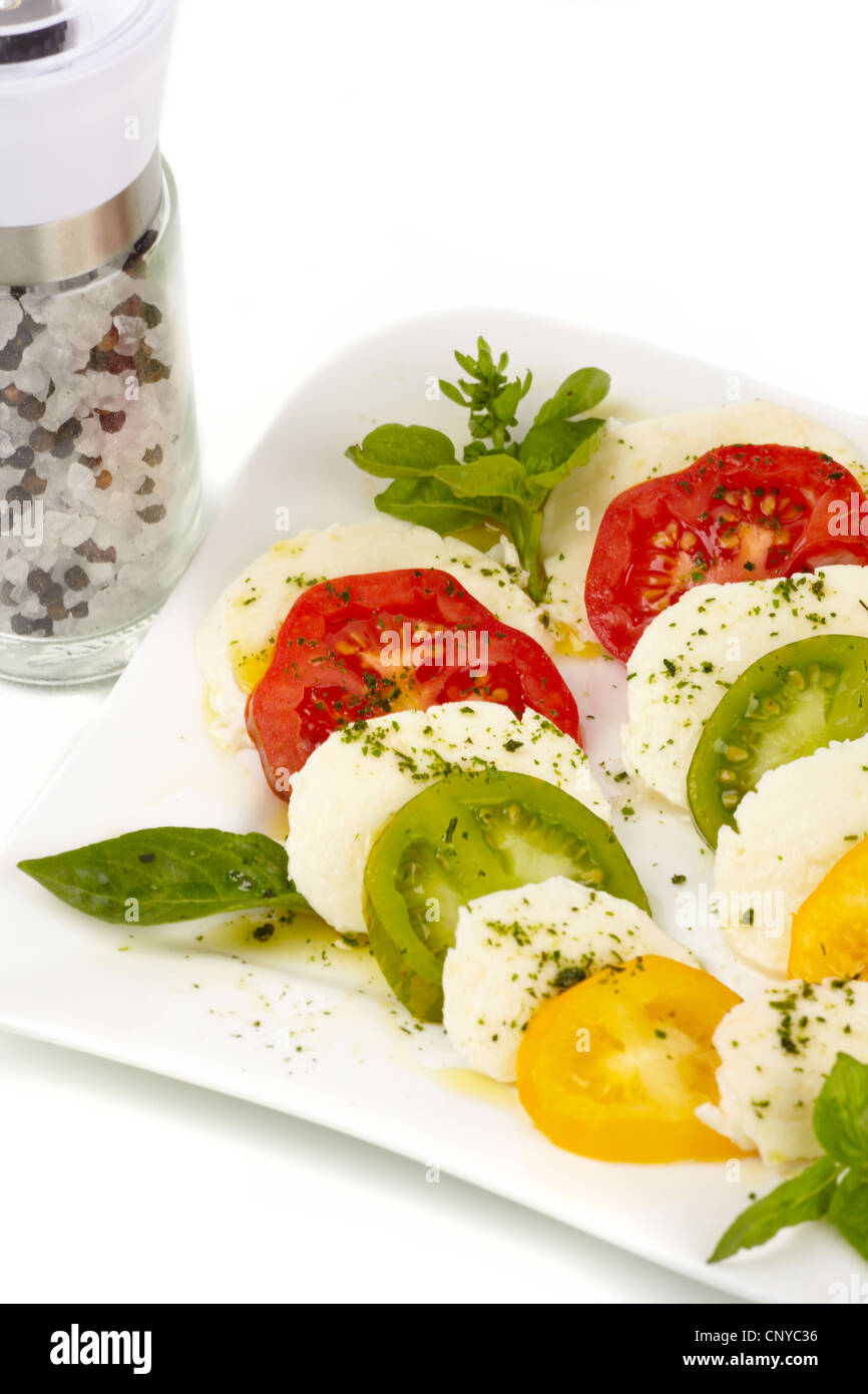 Sliced tomatoes and mozzarella with basil on a plate in front of white ...