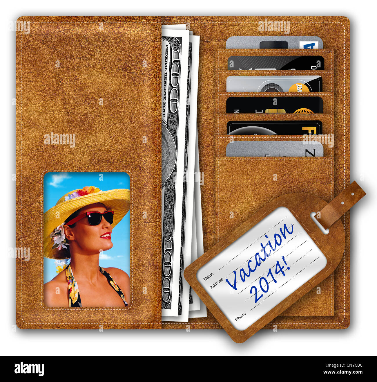Wallet containing US Dollars and credit cards, picture of holdaymaker and Vacation 2014! luggage label. Stock Photo