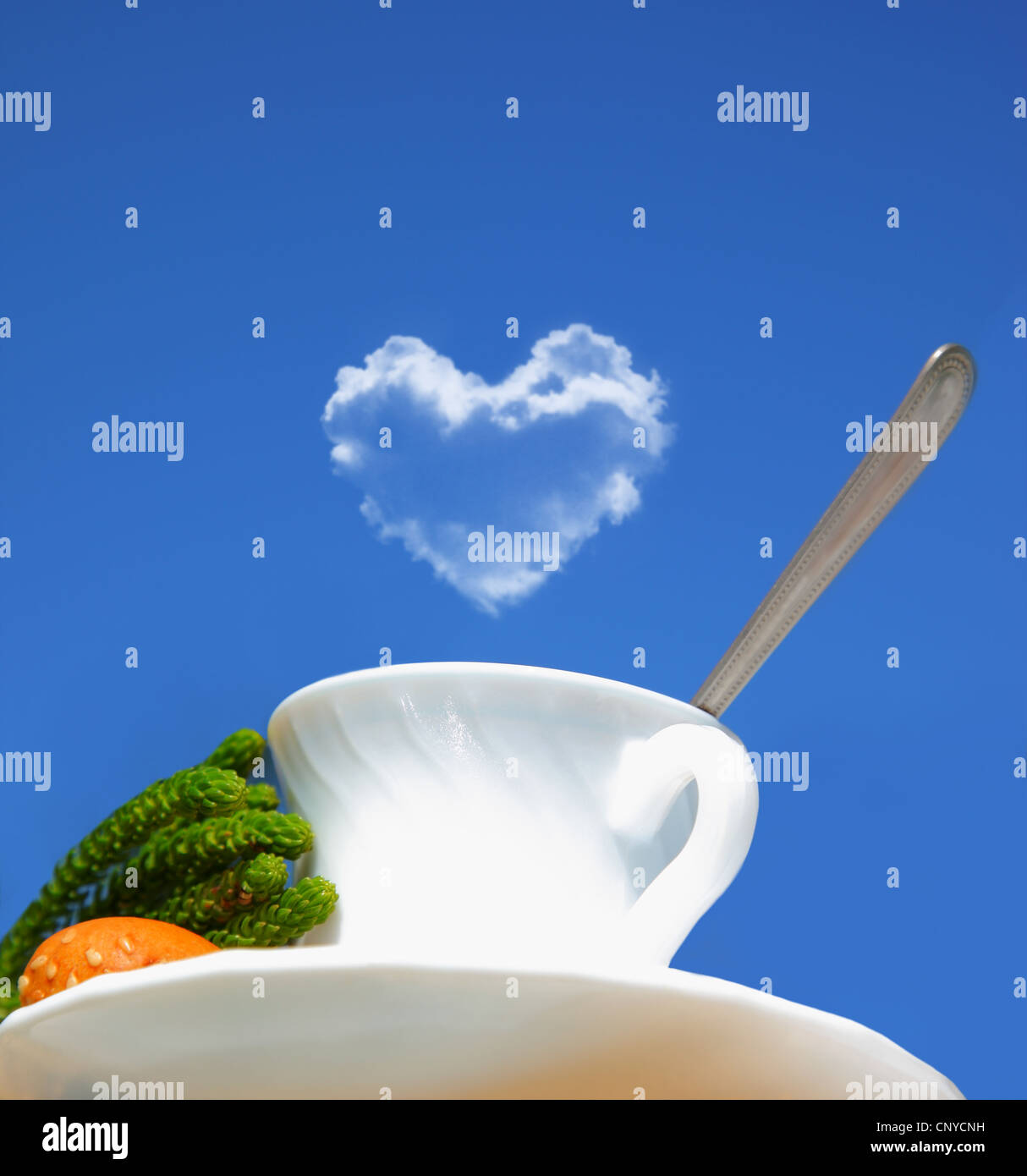 Morning beverage, tea or coffee over blue sky, conceptual image of