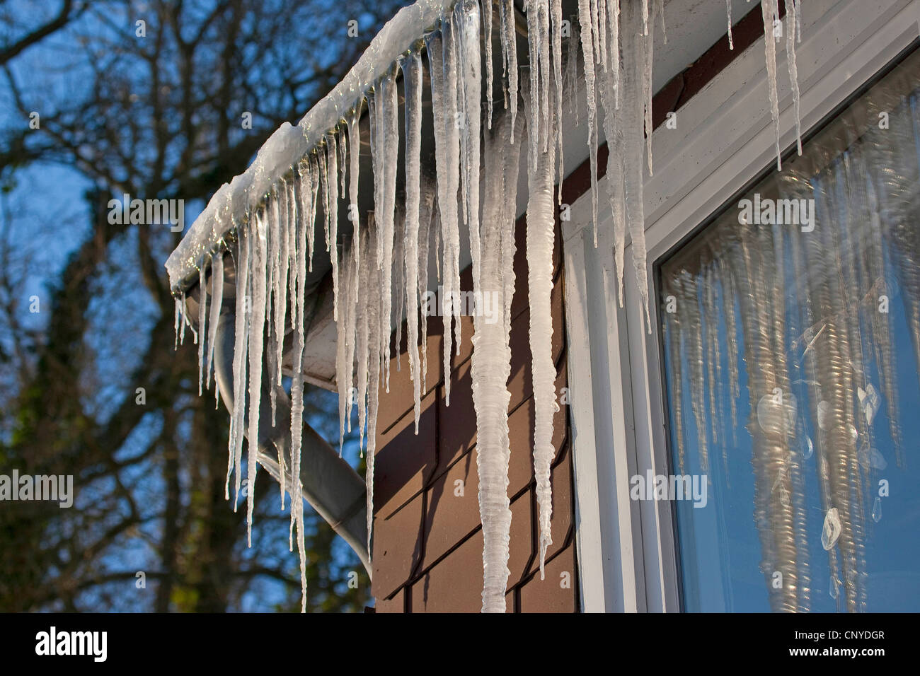 icicles at a roof gutter, Germany Stock Photo
