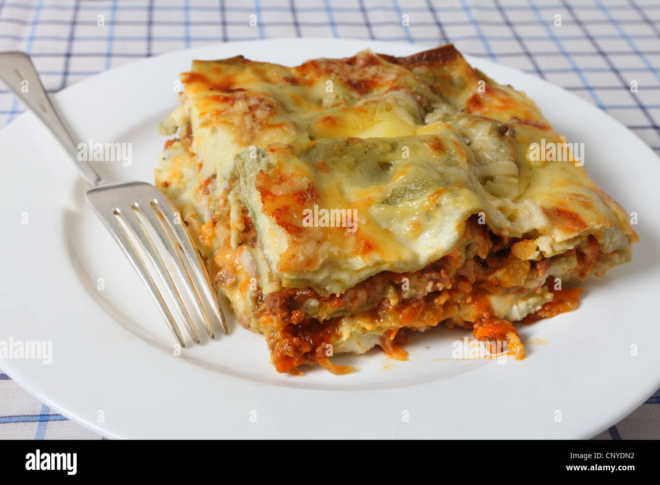 A slice of lasagne verde (spinach lasagna) on a plate with a fork, seen closeup Stock Photo