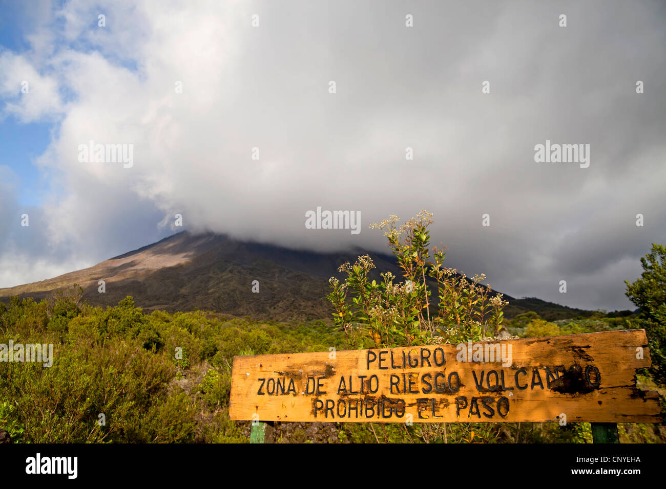 danger sign Arenal Volcano near La Fortuna, Costa Rica, Central America Stock Photo