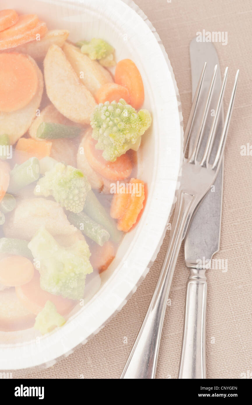 Frozen TV Dinner with knife and fork Stock Photo Alamy