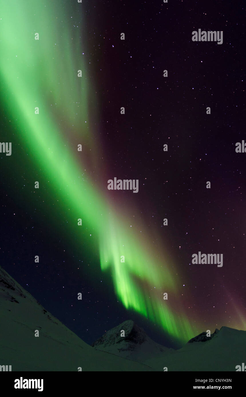 northern lights, Aurora Borealis, over Kebnekaise Fell, Sweden, Lapland, Stuor Reaiddavaggi, Norrbotten Stock Photo