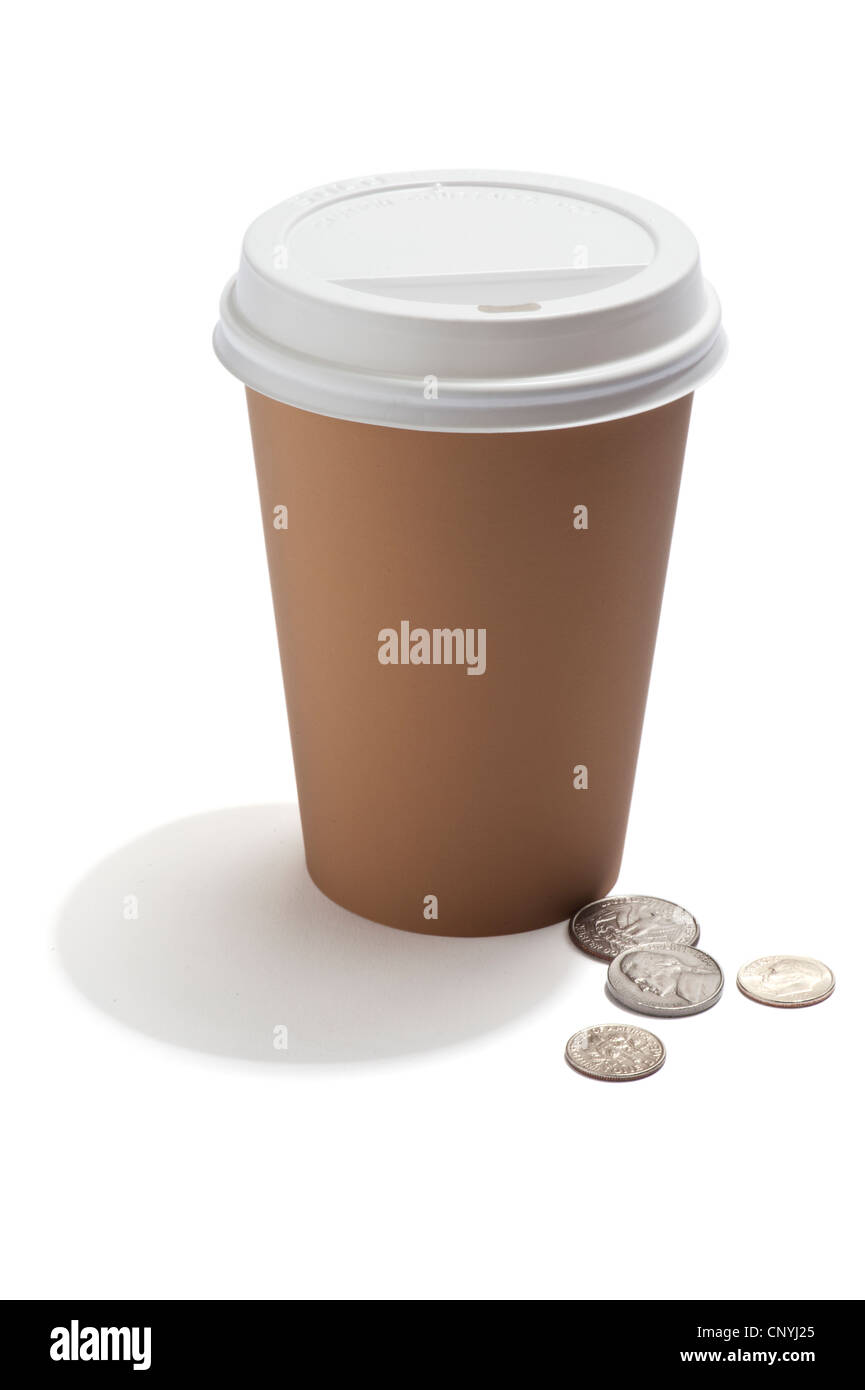 A takeaway drink cup with US coins by the side Stock Photo