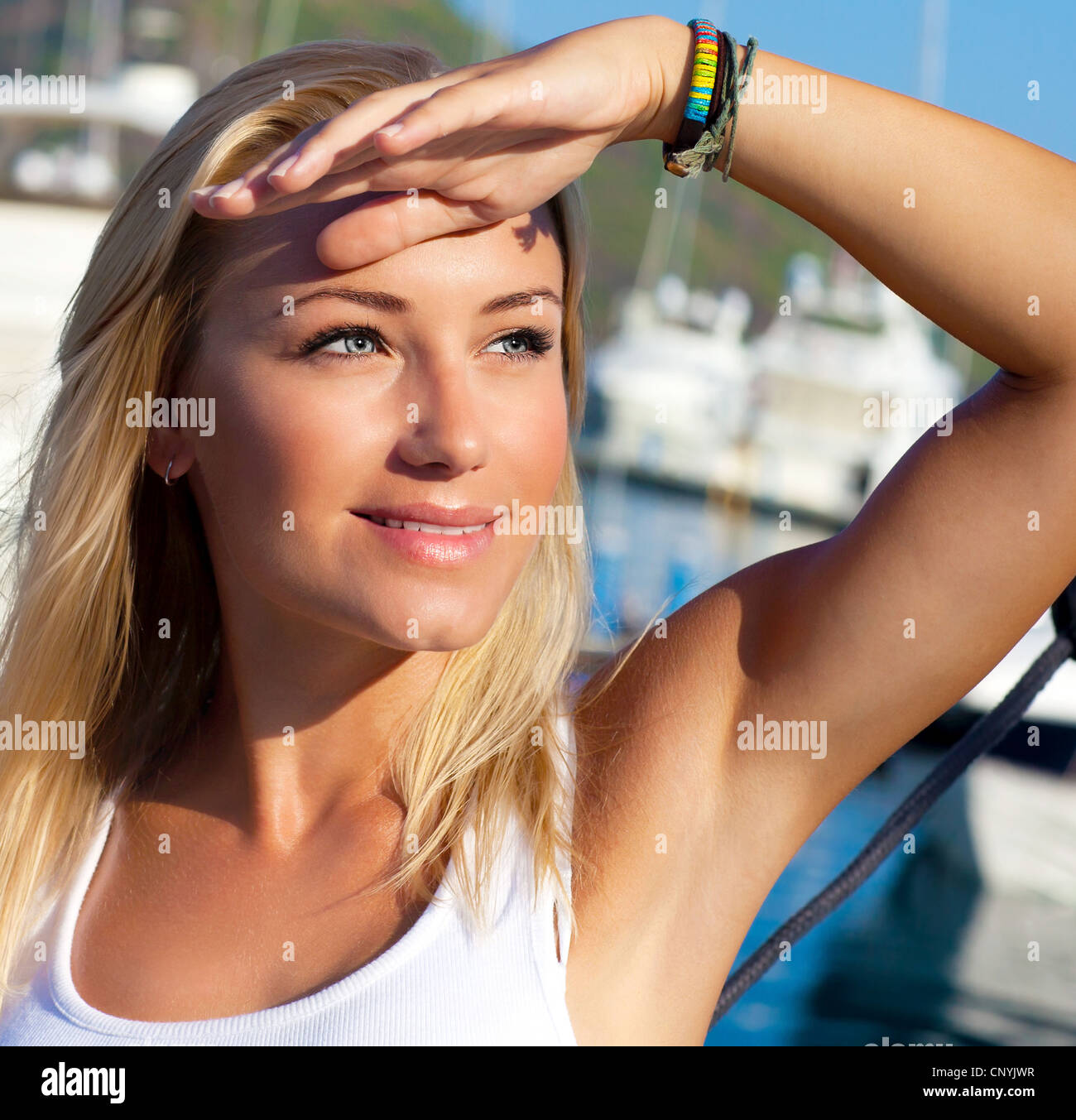 Close Up Portrait On Happy Smiling Female Face Summer Cruise Holidays European Girl Tourist