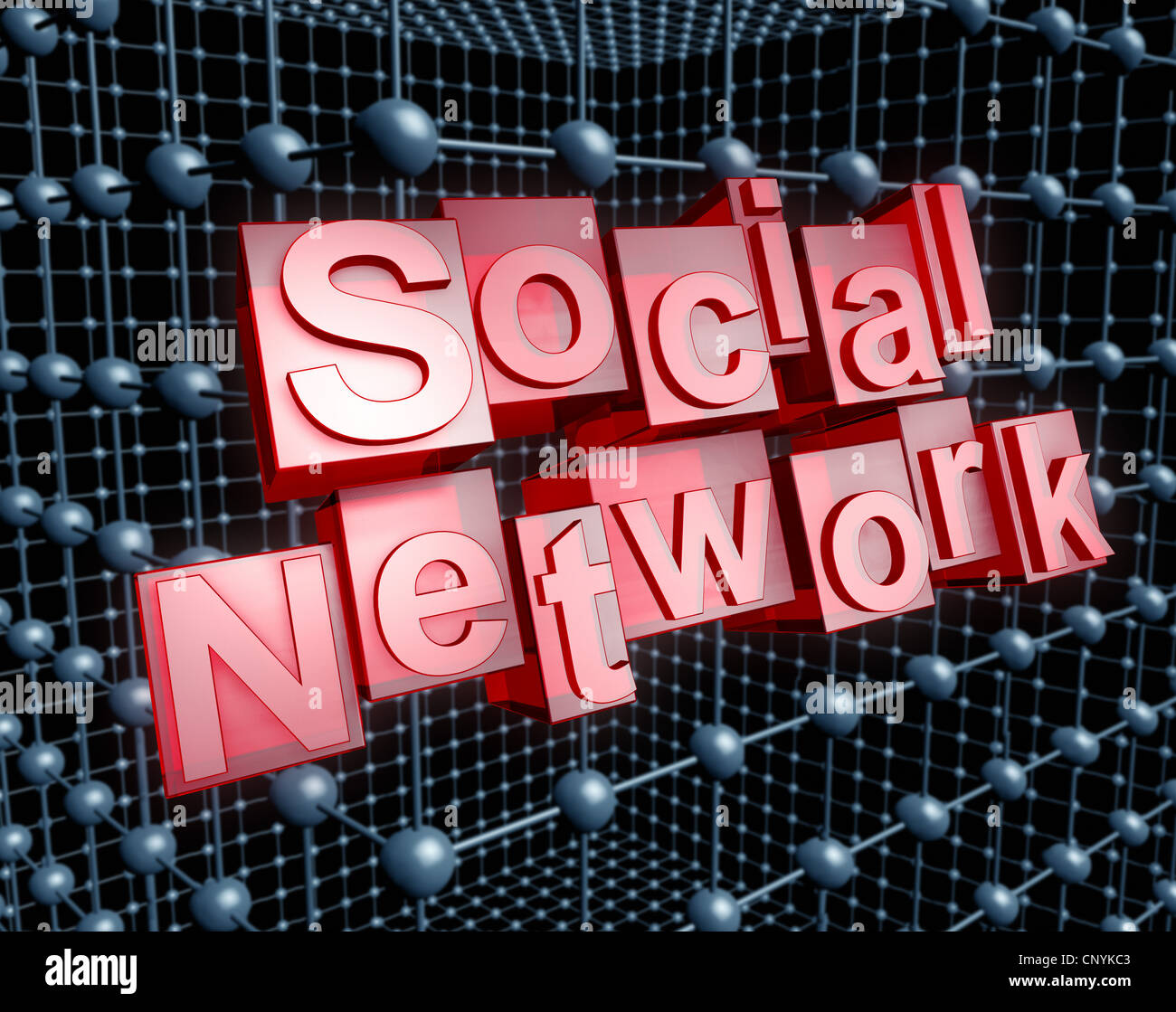 The word 'Social Network' in 3D letters in front of a network structure Stock Photo
