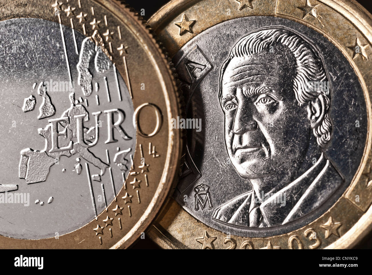 Front and back of a Spanish € coin in close up. Stock Photo
