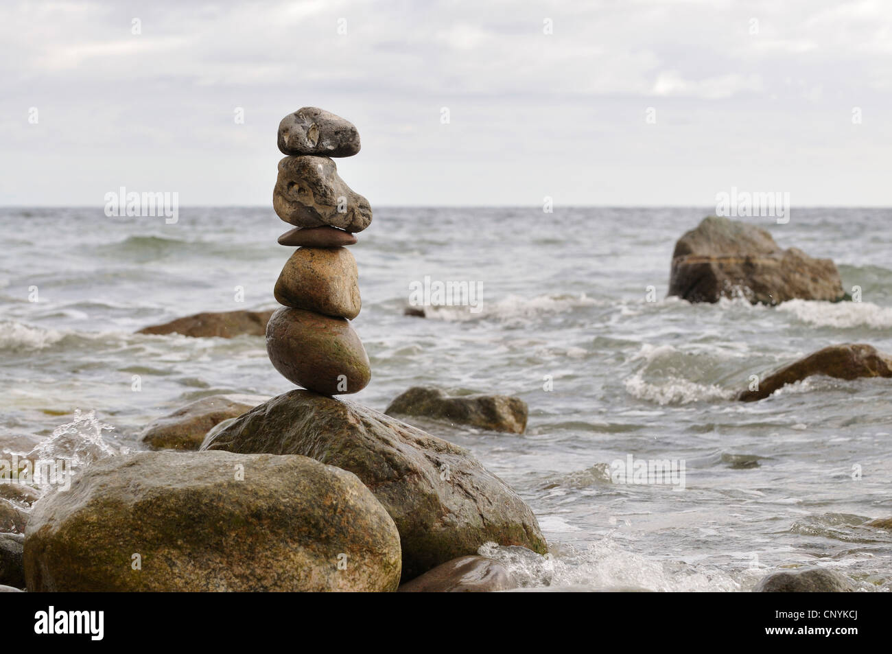 pebble stone tower at the beach, Germany, Mecklenburg-Western Pomerania, Nationalpark Jasmund Stock Photo