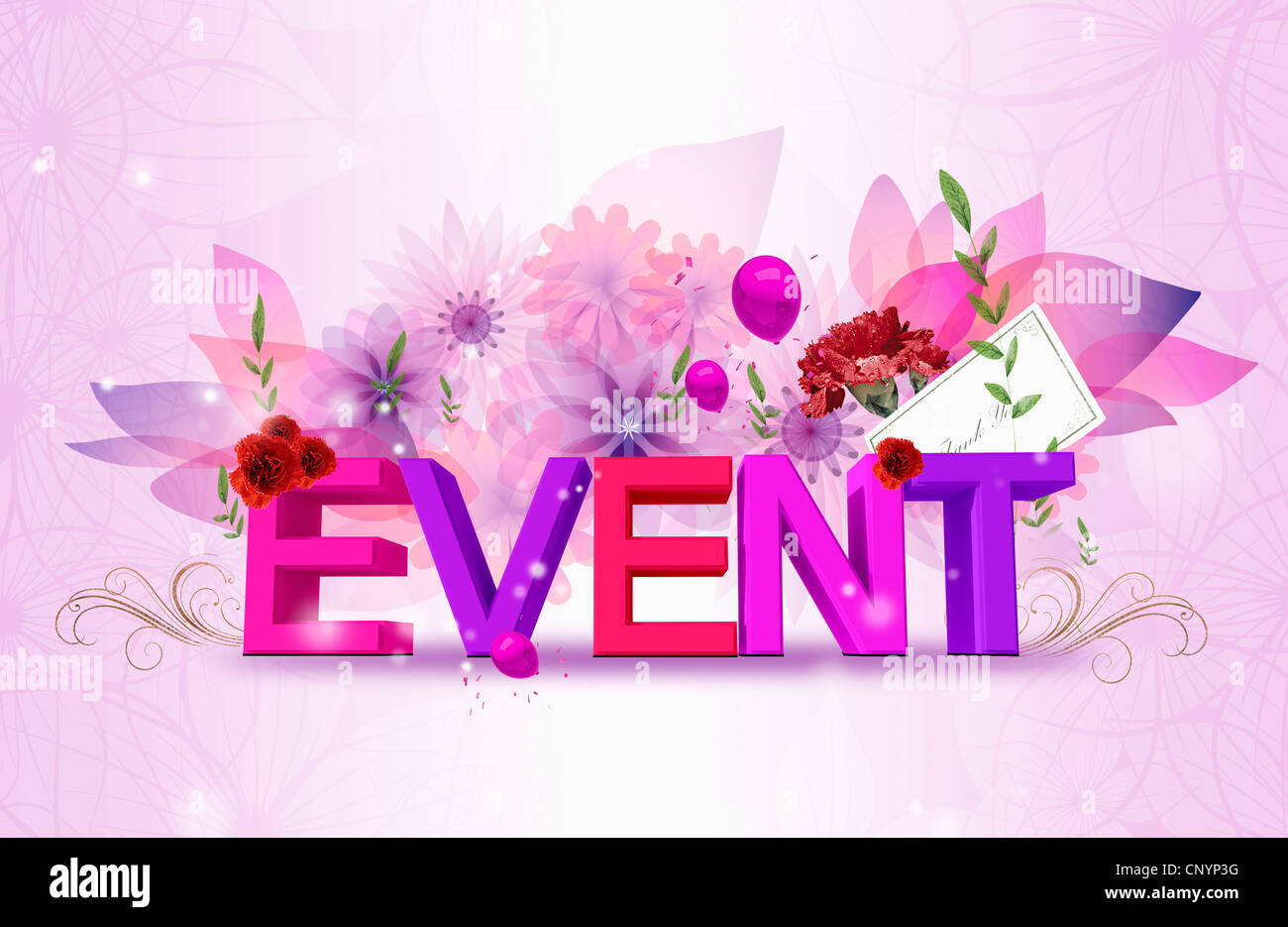 Example Name Colourful Events The colorful 'EVENT' with flower background Stock Photo - Alamy