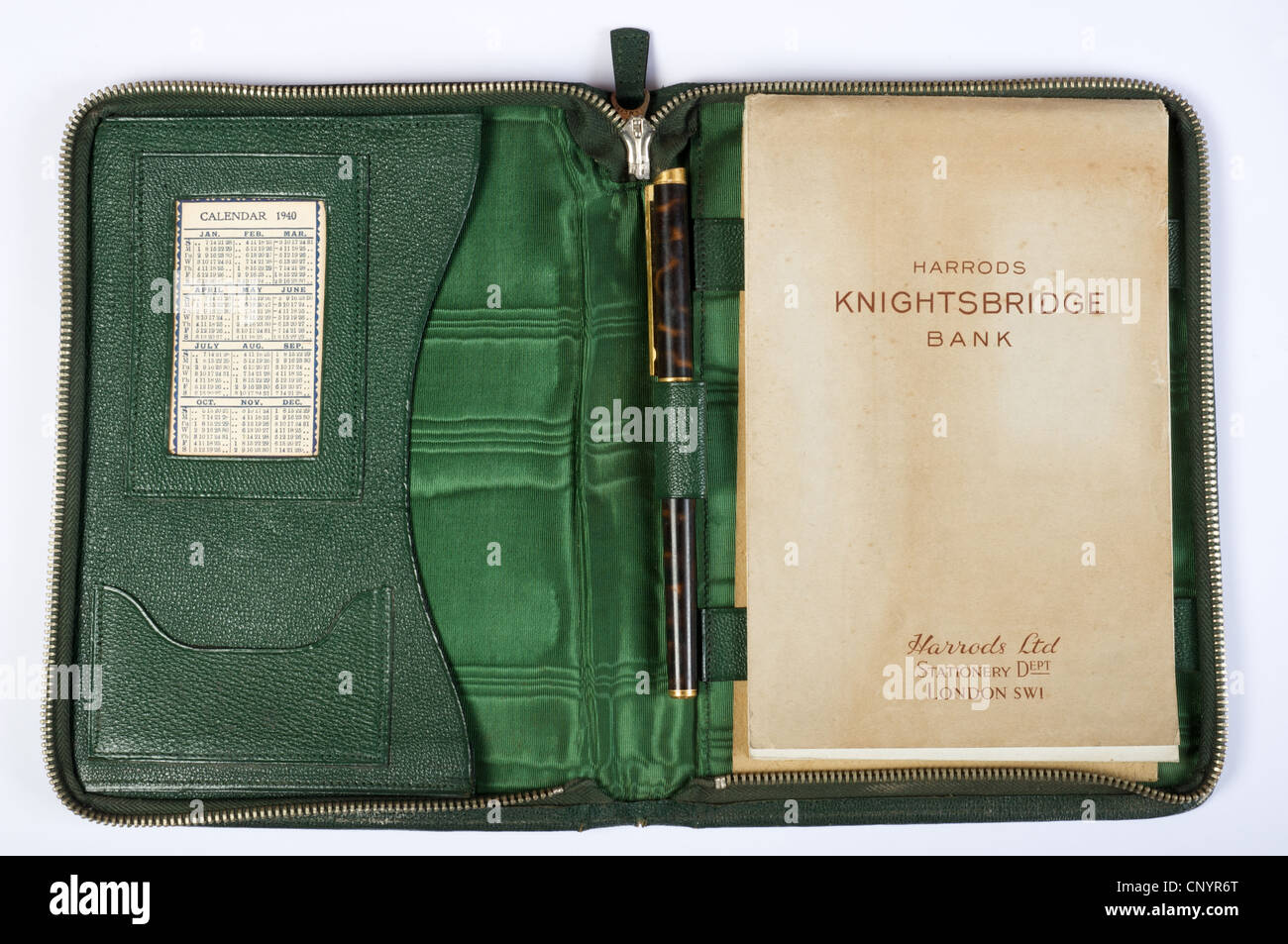 Vintage Harrods Knightsbridge Bank leather folder with stationary from 1940 Stock Photo