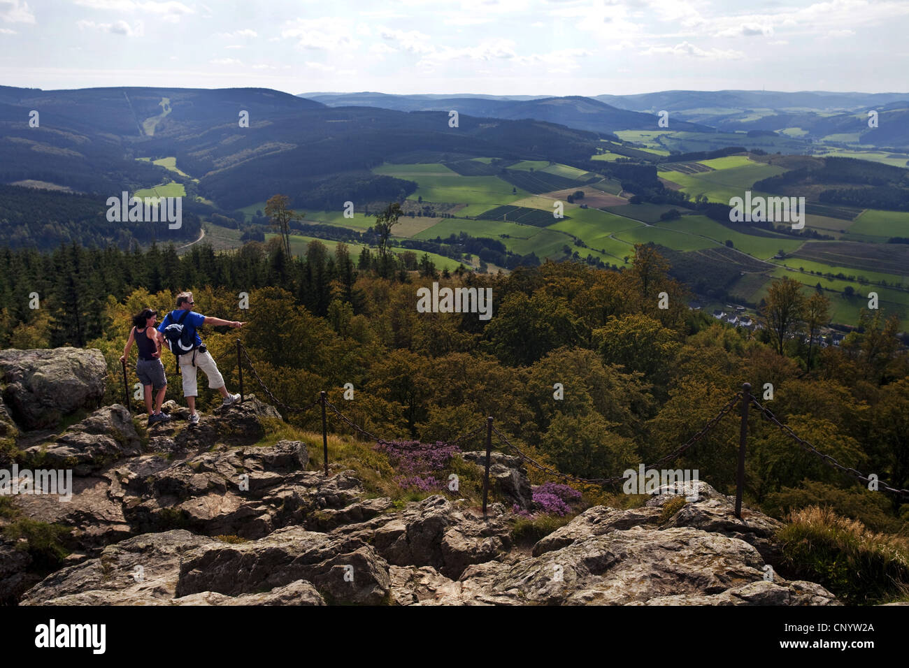 hiker on the Feldstein of Bruchhauser Steine, Germany, North Rhine-Westphalia, Sauerland, Olsberg Stock Photo