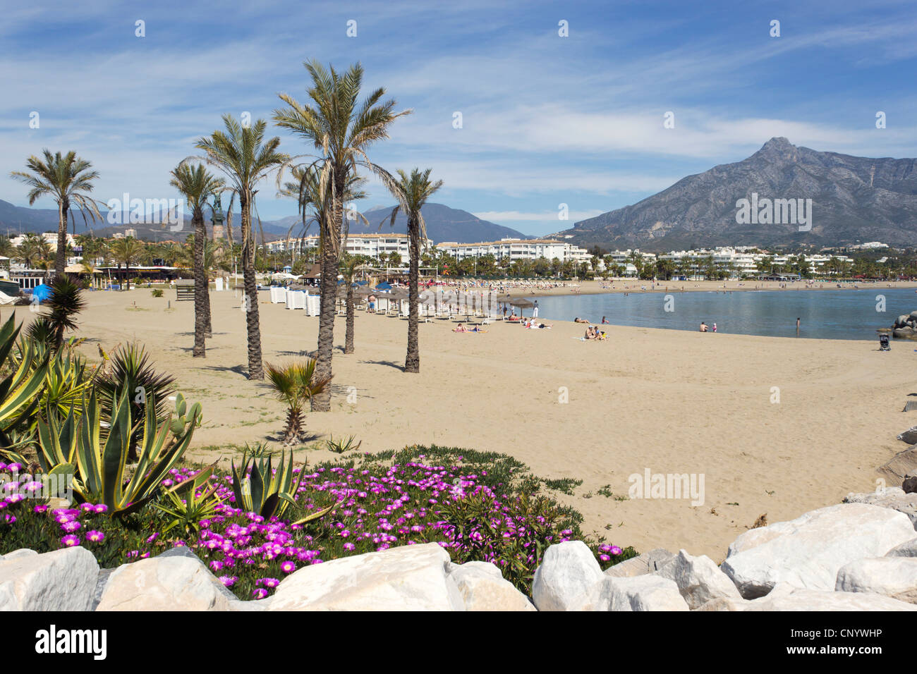 Puerto Banus, Marbella, Costa del Sol, Andalucia, Spain. View of the beach with La Concha mountain in the background. Stock Photo