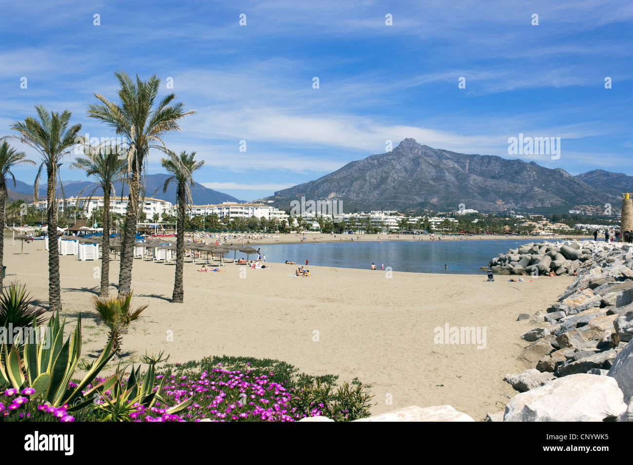 Puerto Banus, Marbella, Costa del Sol, Andalucia, Spain. View of the beach with La Concha mountain in the background. Stock Photo