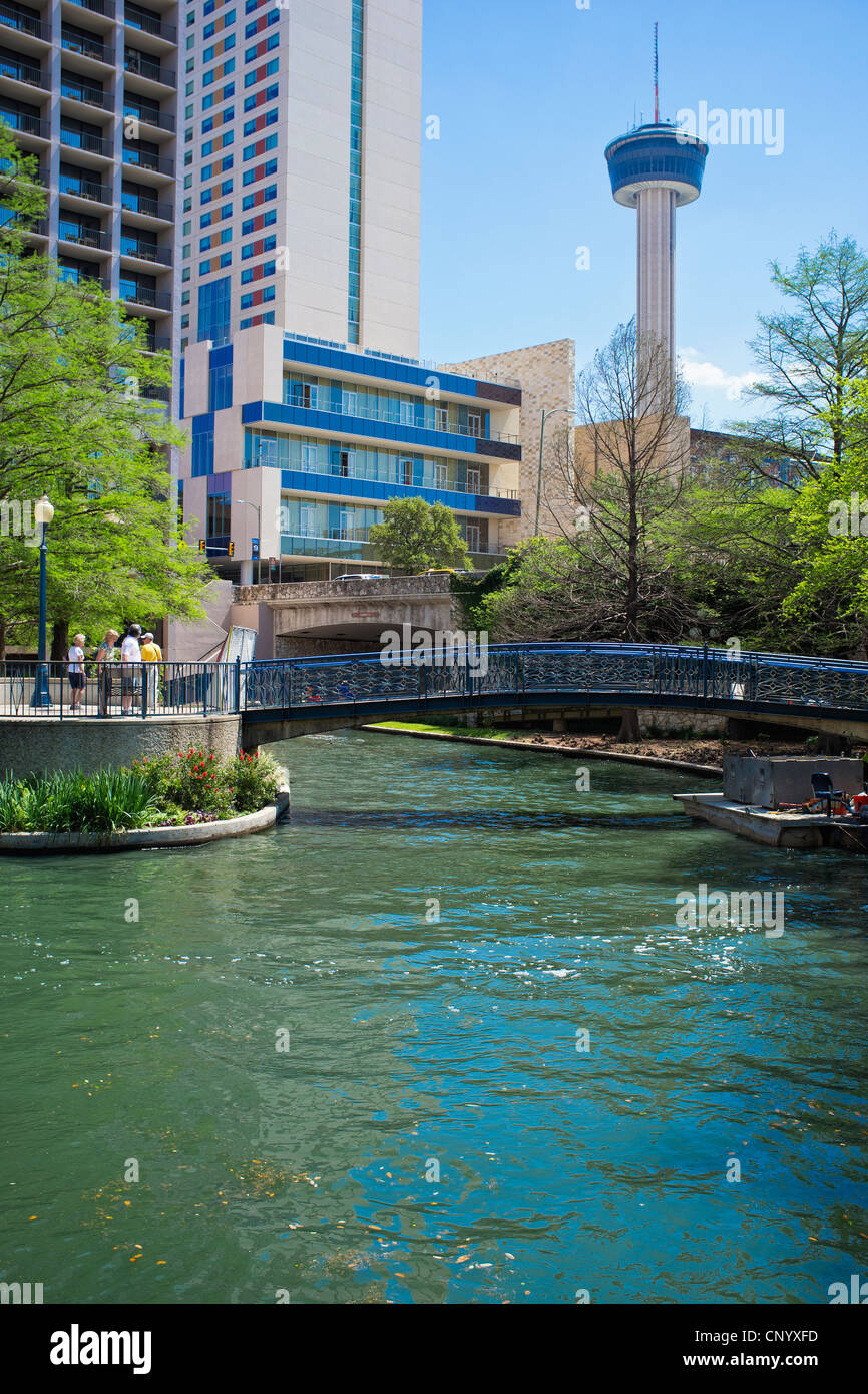 Riverwalk San Antonio Texas with Tower of the Americas in the background Stock Photo