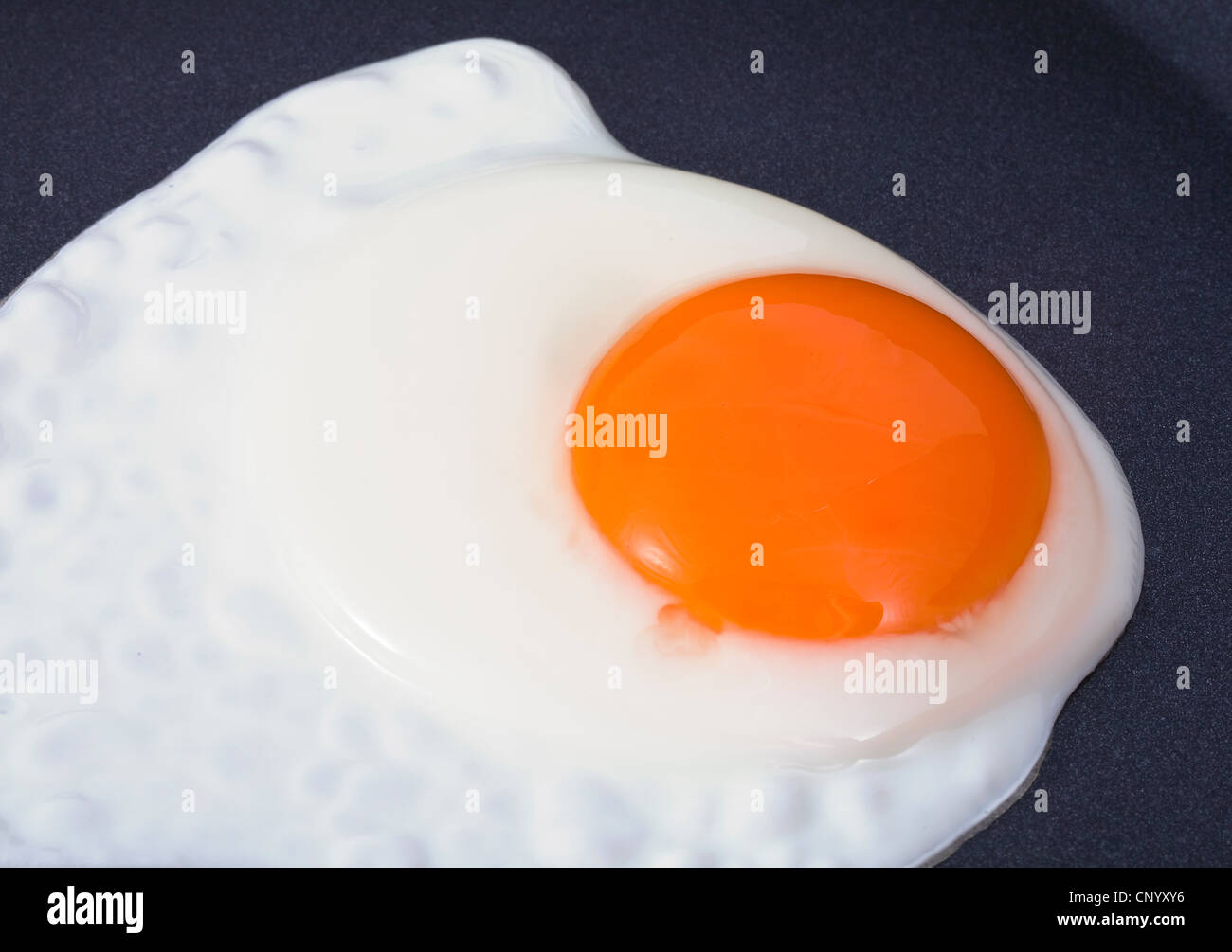 view of the Fried Egg on black pan Stock Photo