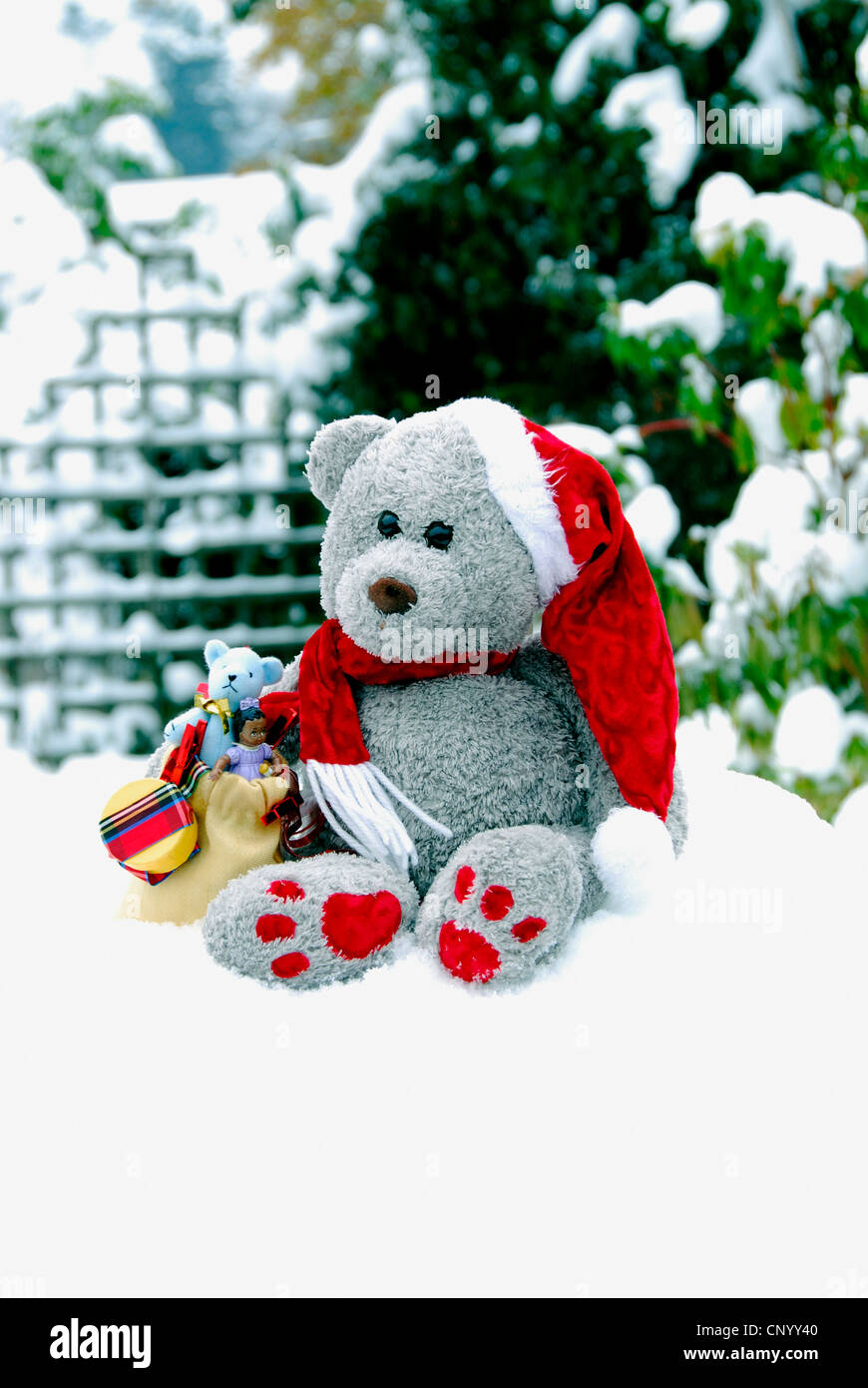 Teddy Bear Father Xmas in the snow. Stock Photo