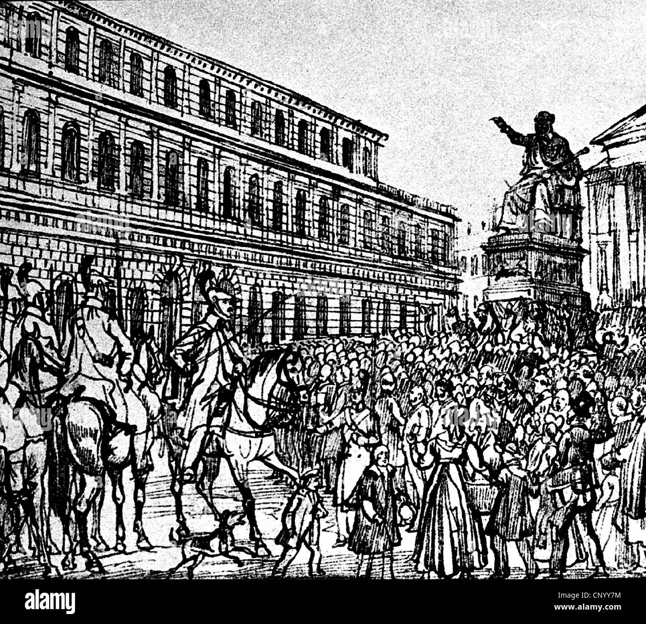 revolutions of 1848/1849, Bavaria, Munich, deputation of Munich citizens in front of the residence, Max Joseph Square, 10.2.1848, contemporary drawing, military, cavalry, cavalries, German revolution, soldier, soldiers, insurgency, rebellion, insurgencies, revolts, rebellions, in revolt, 19th century, historic, historical, crowd, crowds, crowds of people, Southern Germany, the South of Germany, Germany, Central Europe, Europe, uprising, Additional-Rights-Clearences-Not Available Stock Photo