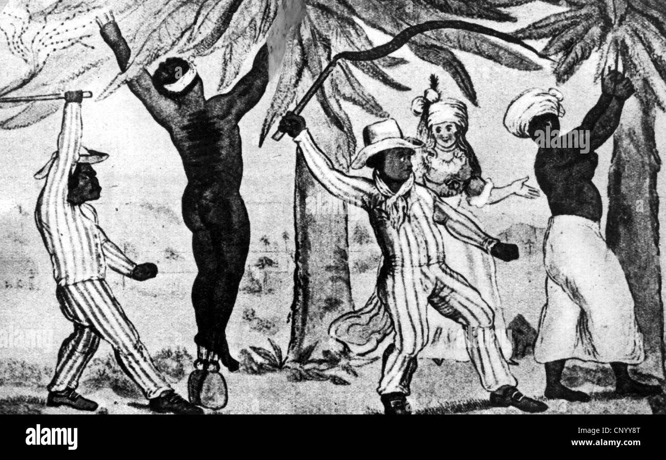 slavery, public lashing of African slaves, British lady is watching, drawing by Richard Newton, 1790, Additional-Rights-Clearences-Not Available Stock Photo