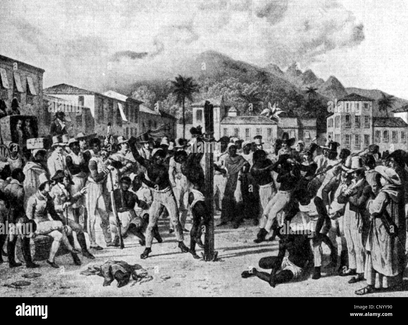 slavery, public lashing of African slaves in Brazil, print after lithograph after drawing by M. Rugendas, 1835, Additional-Rights-Clearences-Not Available Stock Photo