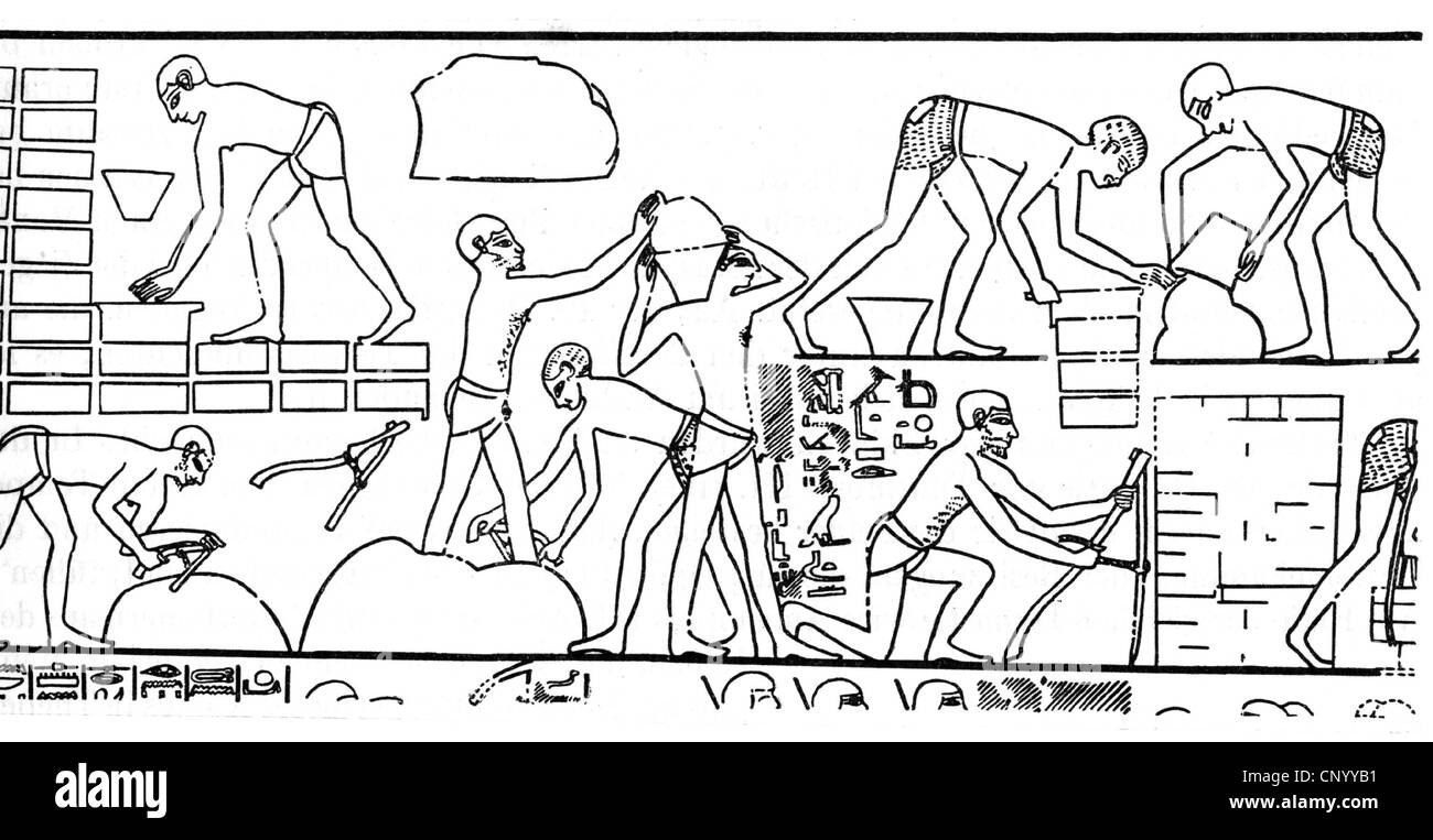 slavery, Syrian slaves during construction work, temple of Amon, Thebes, after painting from a tomb, 18th dynasty, historic, historical, construction, building, under construction, working man, workman, working men, workmen, construction worker, construction workers, slave labour, people, Additional-Rights-Clearences-Not Available Stock Photo