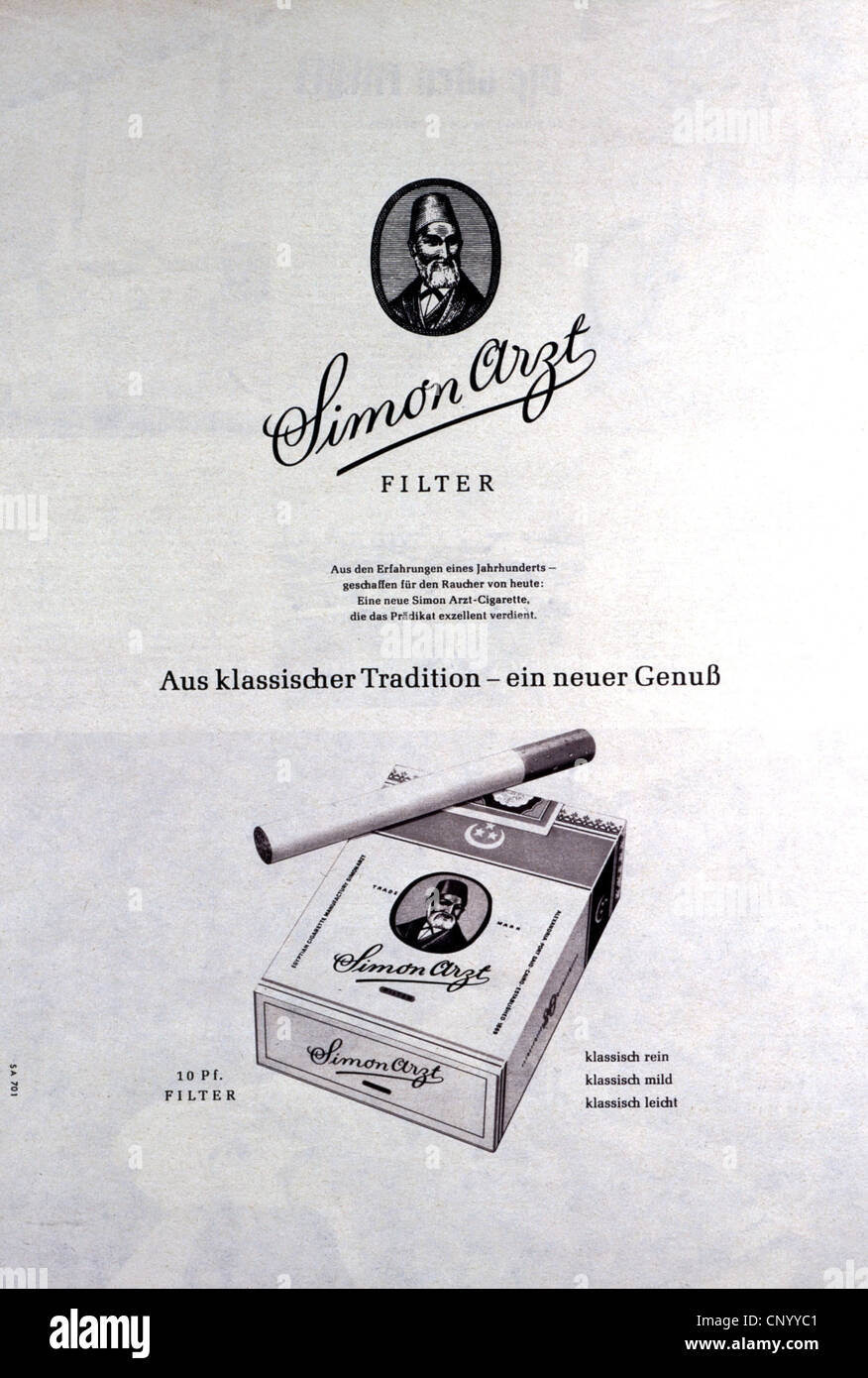 advertising, tobacco goods, Simon Arzt, filter tipped cigarettes, advertisement, 1957, Additional-Rights-Clearences-Not Available Stock Photo