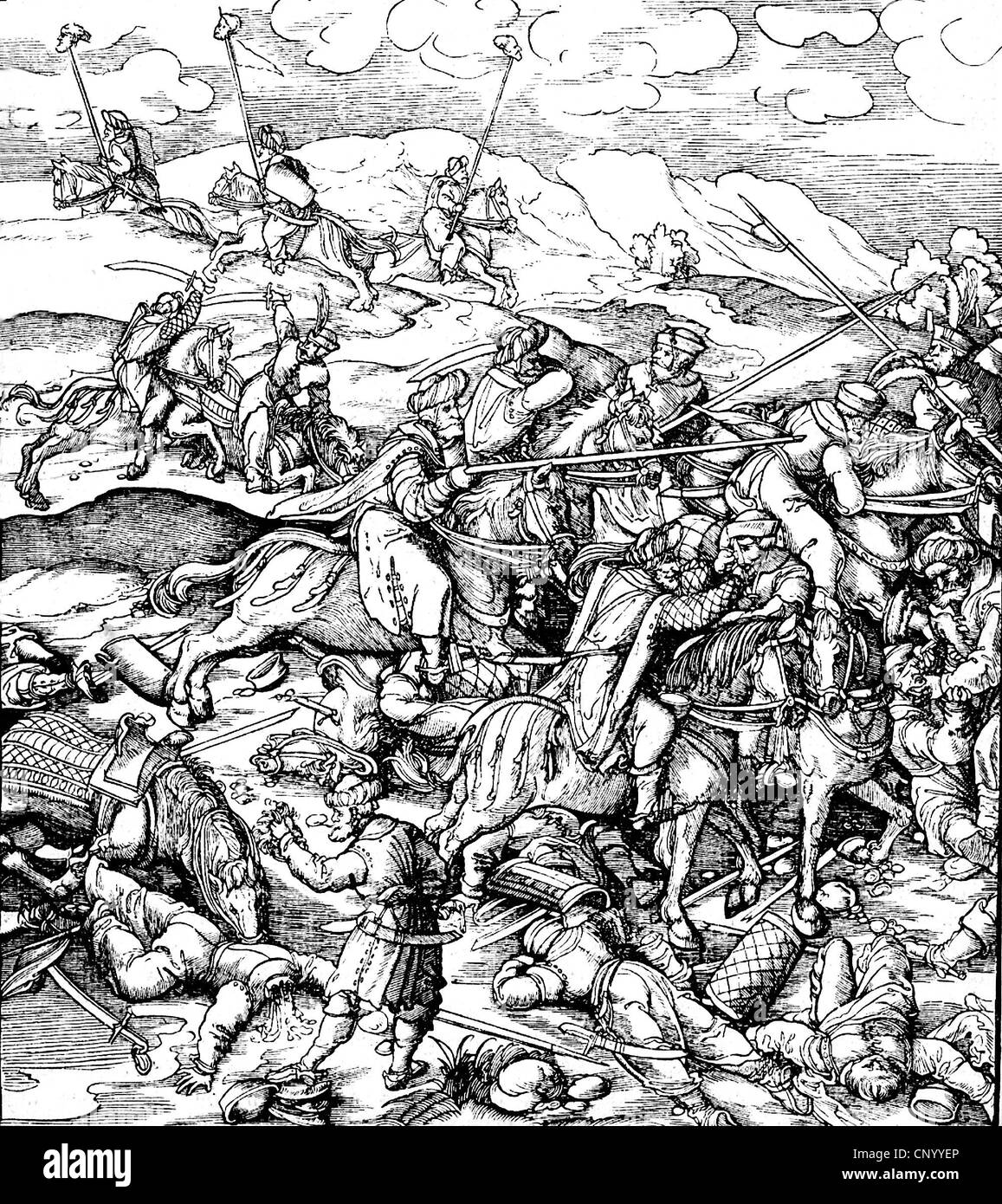 Ottoman Wars, fight against the Turks, woodcut by Hans Burgkmair the Elder, from 'Weisskunig', by Emperor Maximilian I, 1514, Additional-Rights-Clearences-Not Available Stock Photo