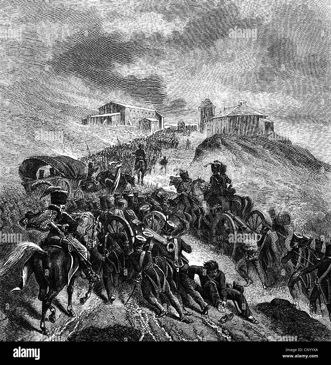 war in Spain, 1808 - 1814, French troops reach Guadarrama, circa 1808, engraving by Janet-Lange, after painting by Taunay, 19th century, war, wars, military, campaign, campaigns, France, march, marching, artillery, infantry, footsore, Napoleonic Wars, exhausted, historic, historical, people, Additional-Rights-Clearences-Not Available Stock Photo