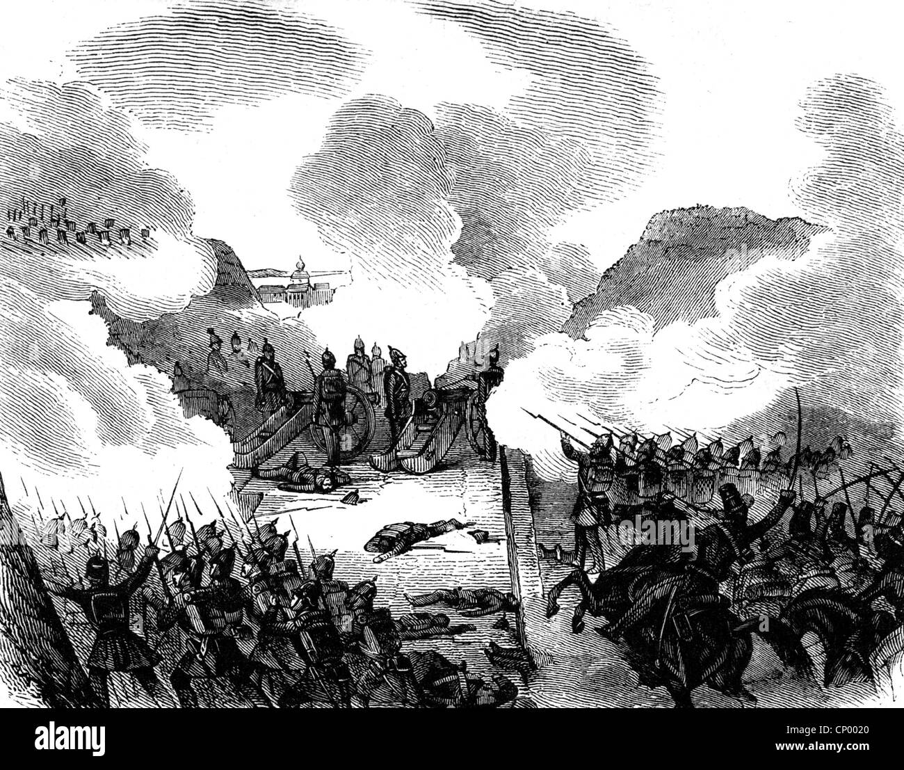 First Schleswig War, 1848 - 1851, Prussian troops charge Danevirke, 23.4.1848, contemporary wood engraving, General Friedrich Graf Wrangel, Denmark, Dannevirke, battles, fights, fortifications, fortification, Germany, Schleswig-Holstein Question, Holstein, intervention, interventions, military, battle, battling, fight, fighting, assaults, assault, attack, attacking, charge, charging, historic, historical, 19th century, people, Additional-Rights-Clearences-Not Available Stock Photo