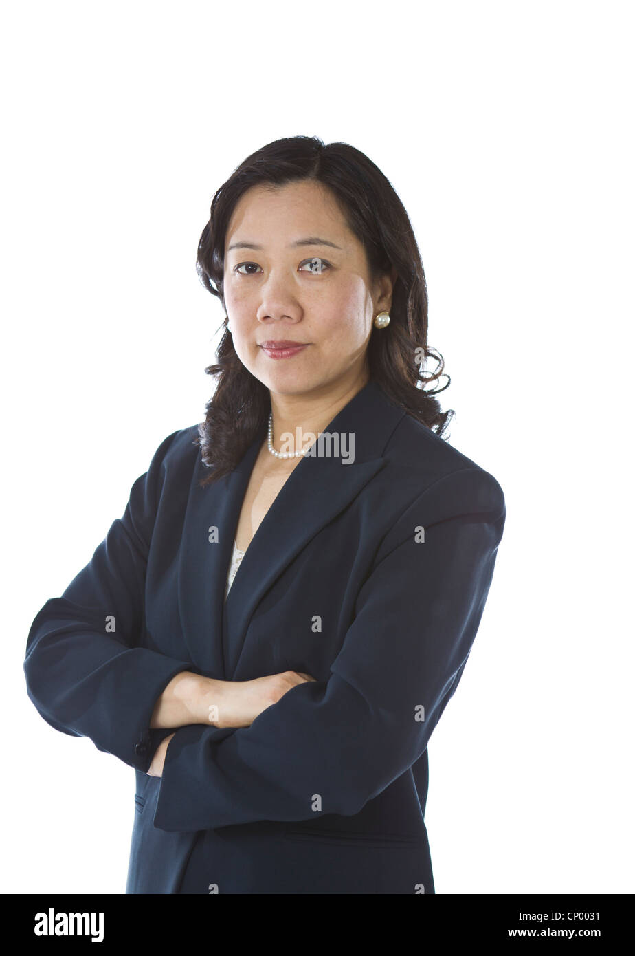 Asian women with arms crossed in business suit on white background ...
