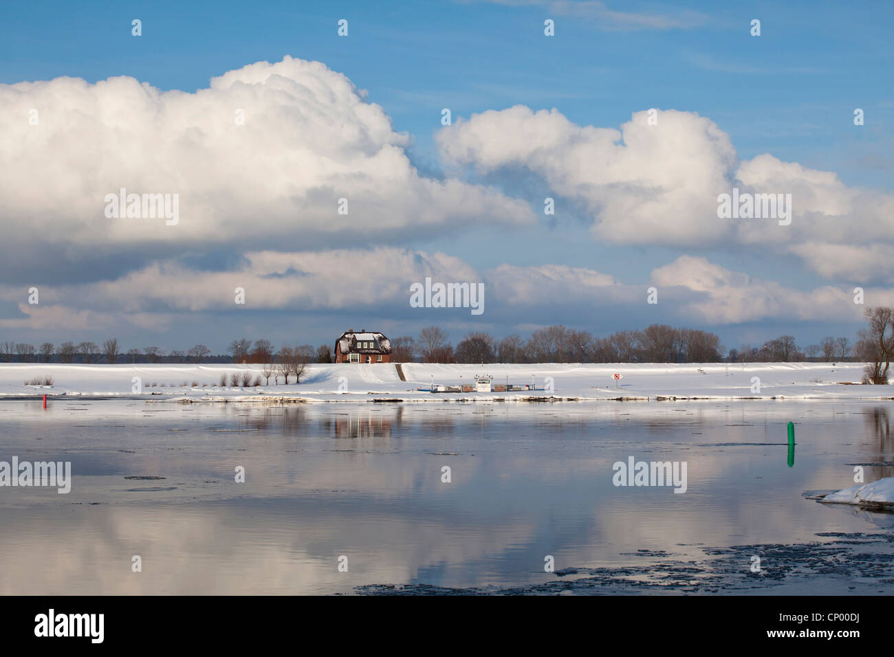 River Elbe with ferry boat in winter, Germany, Brandenburg, Wendland, Pevestorf Stock Photo