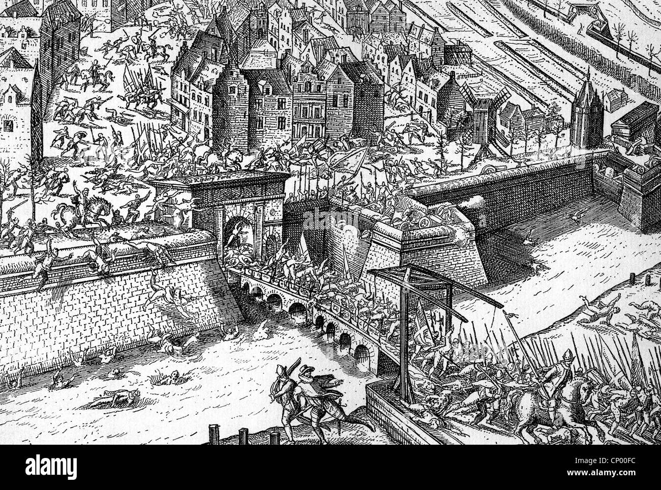 events, Eighty Years' War, 1568 - 1648, an unsuccessful attack of Francis, Duke of Anjou, on Antwerp, 16.1.1583, after contemporary copper engraving, Dutch War of Independence, Netherlands, Brabant, French, Francois d'Alencon, soldiers, fortress, bastion, bastions, retreat, Netherland, mercenaries, Belgium, 16th century, historic, historical, people, Additional-Rights-Clearences-Not Available Stock Photo